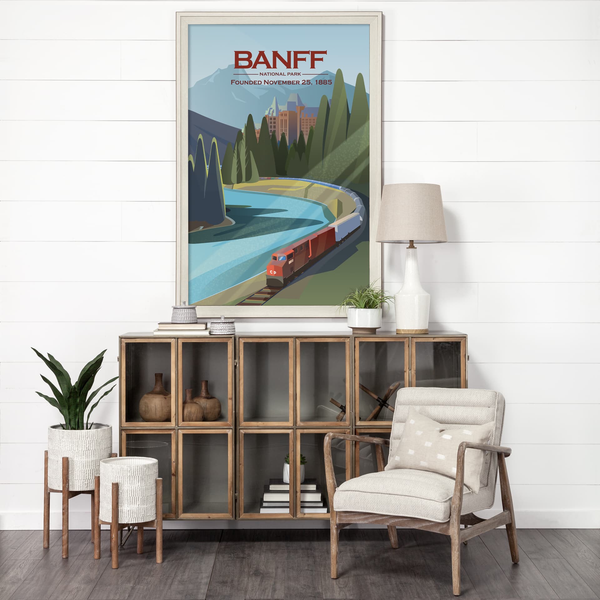 Banff Go Canada (XL) by Mercana Studio a Hand Embellished Decograph Framed Art Print under Glass — in a styled room