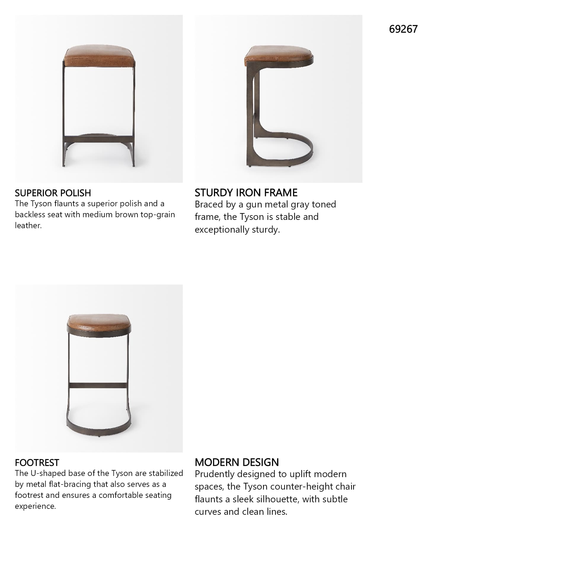 Tyson Backless 27.5in Seat Counter Stool | Brown Leather w/ Metal — product photograph