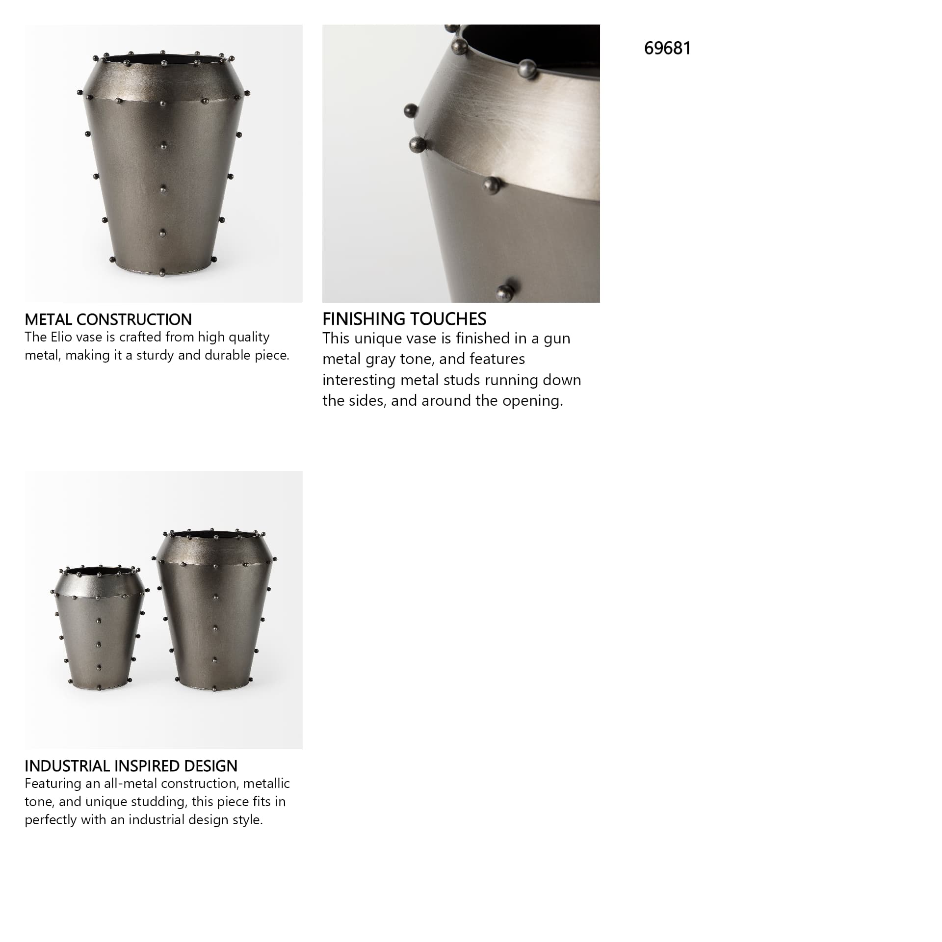 Elio 12.2H Large Gun Metal Gray Metal W/Studs Vase — in a styled room