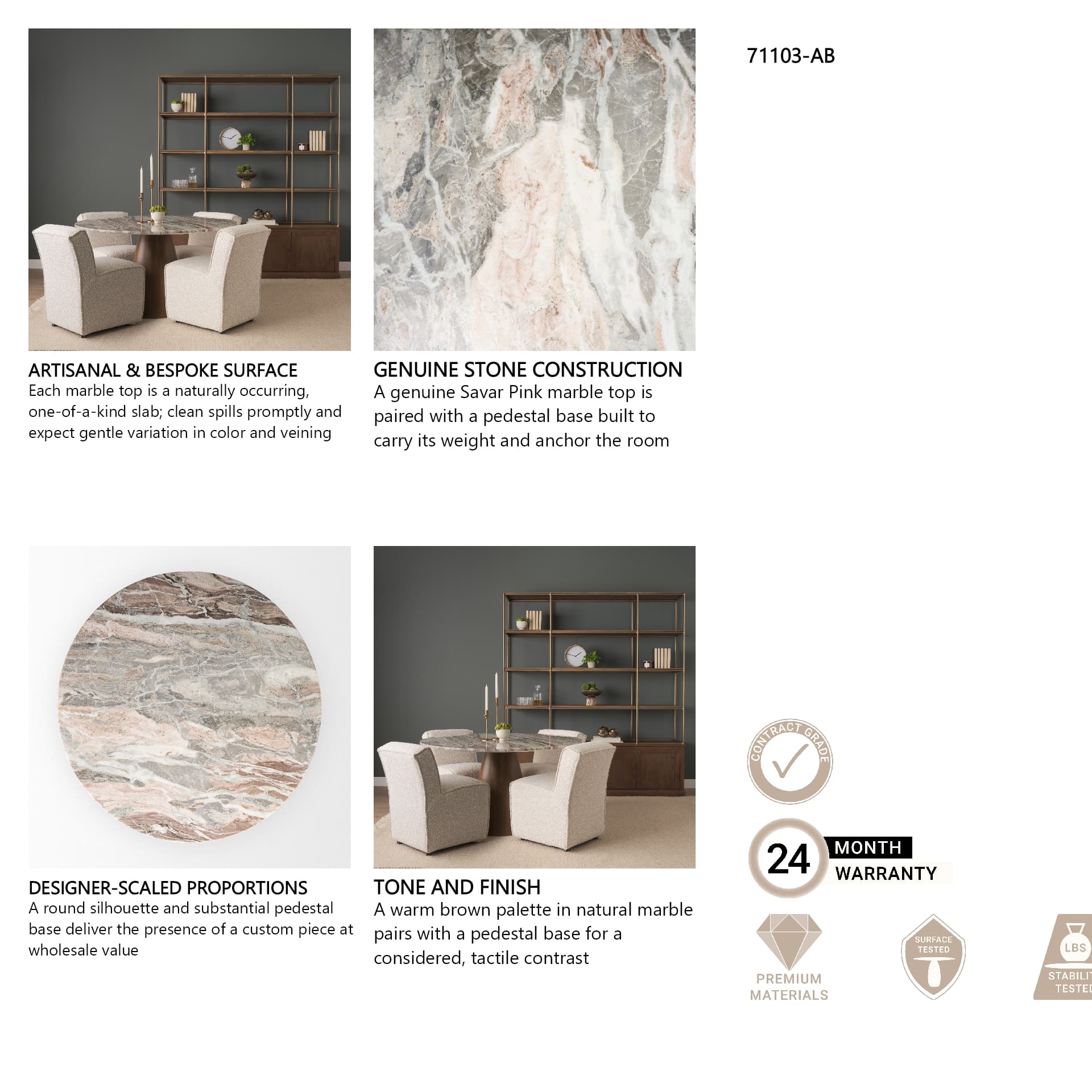 Allyson 54" Round Pedestal Dining Table | Savar Pink Marble & Brown Wood | Seats 6 — in a styled room