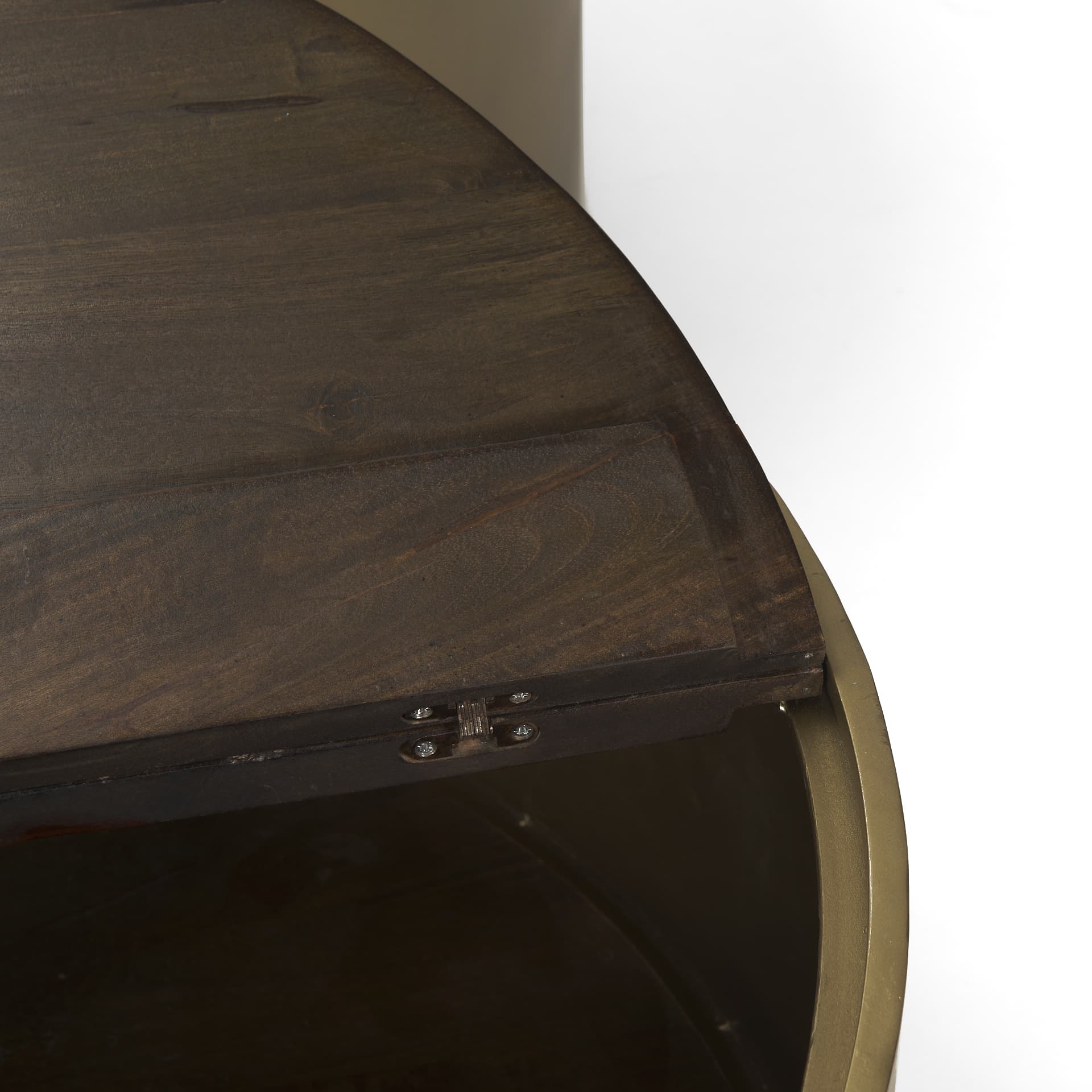Eclipse Antique Brass Metal Drum Base w/ Dark Brown Wood Top Nested Coffee Table — product photograph