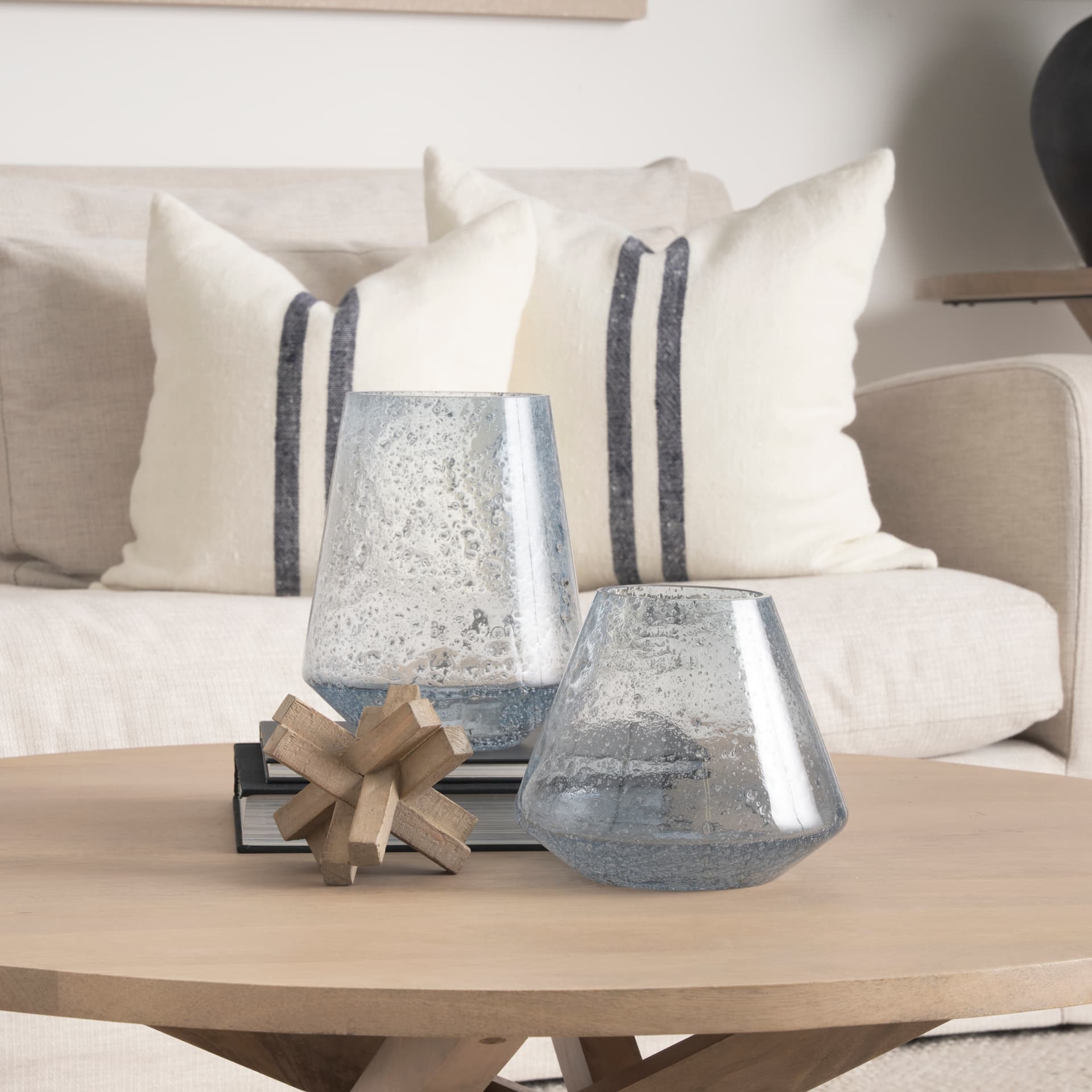 Robyn Short Blue Glass Vase — in a styled room