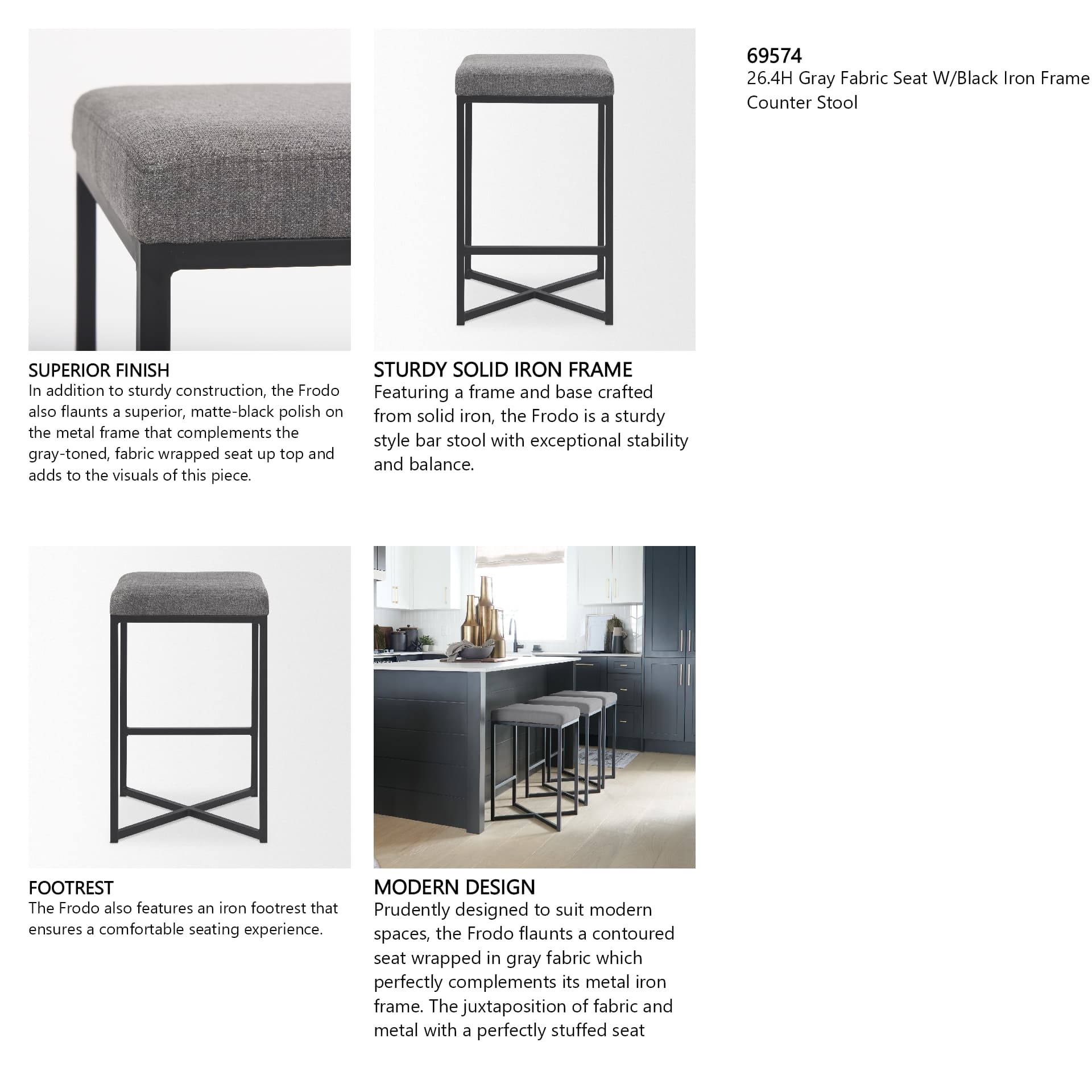 Frodo Backless 26.4in Seat Counter Stool | Gray Fabric w/ Black Iron — product photograph