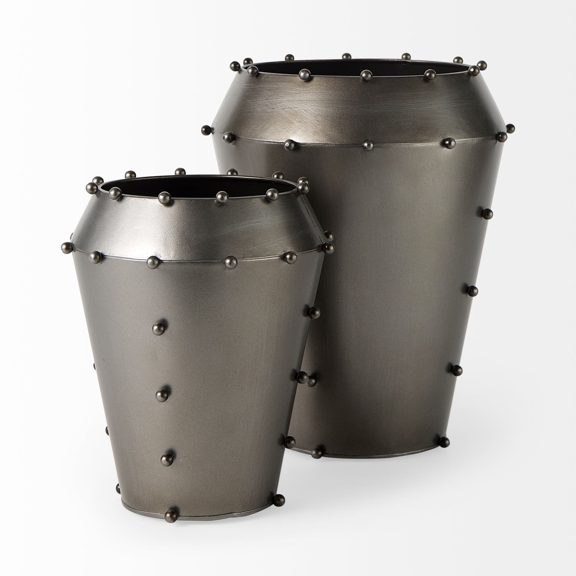 Elio 12.2H Large Gun Metal Gray Metal W/Studs Vase — product photograph