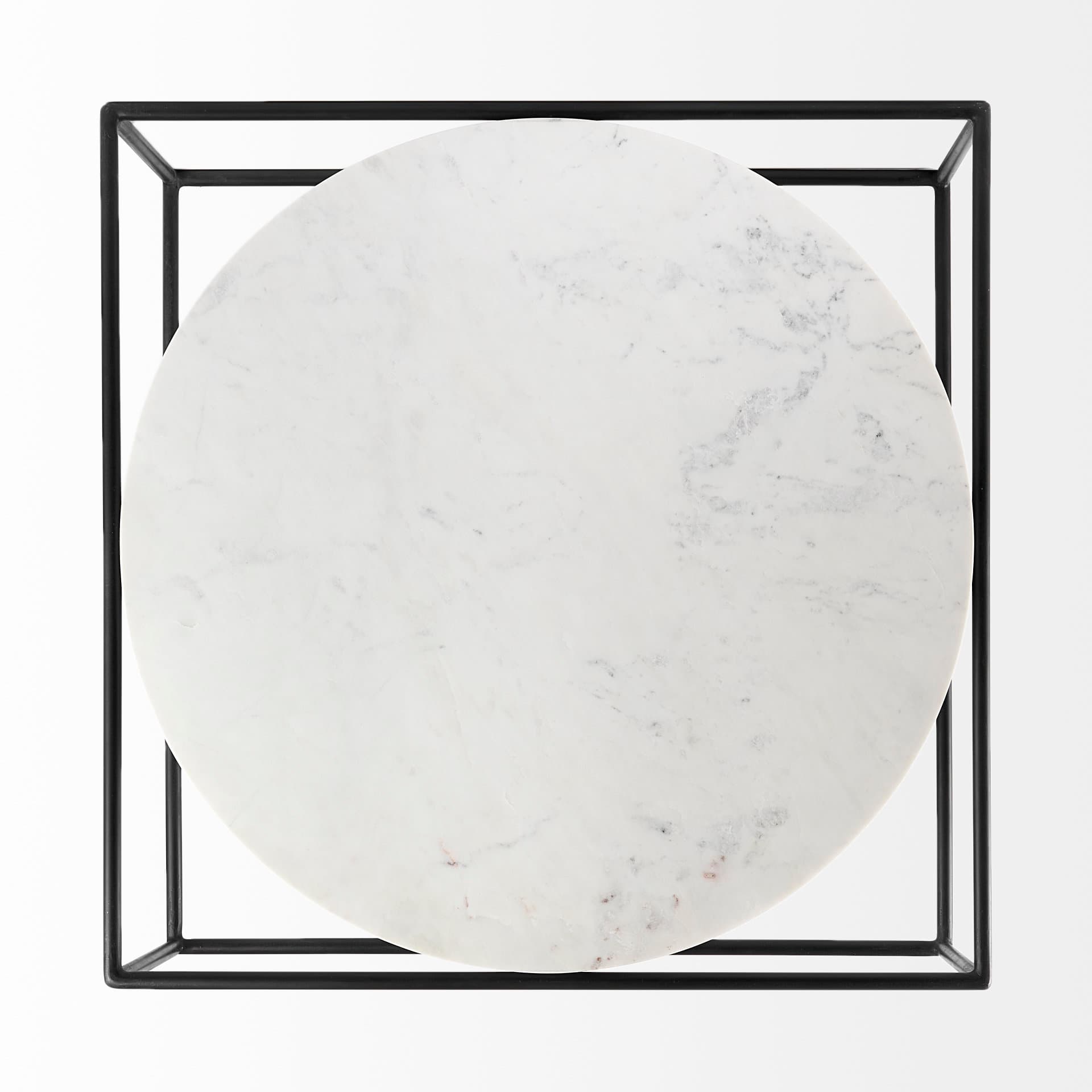 Austen 36L x 36W x 14.5H Round White Marble Top W/ Black Metal Frame Coffee Table — product photograph