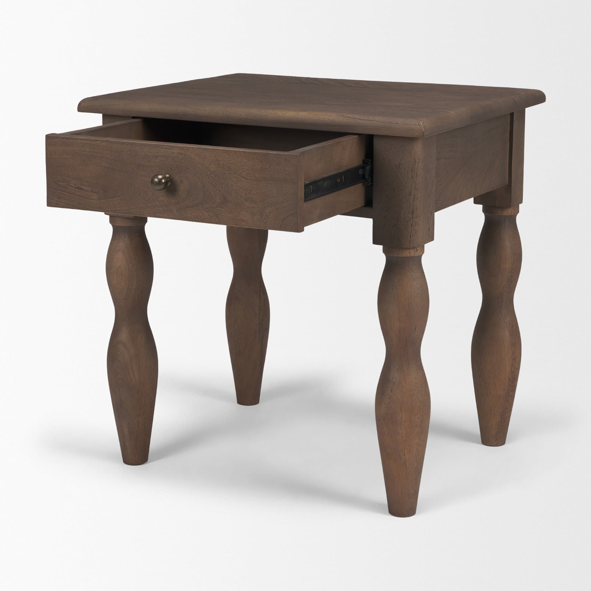 Angeline Spool Turned End Table | Dark Brown Wood | 1 Drawer — product photograph