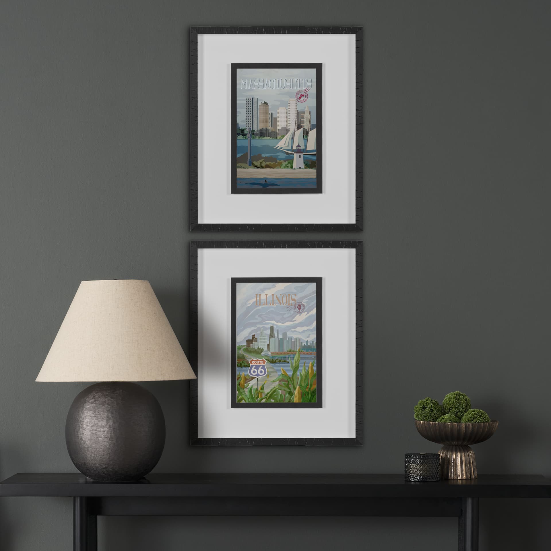Massachusetts Go USA (M) by Mercana Studio a Framed Art Print Matted under Glass — in a styled room