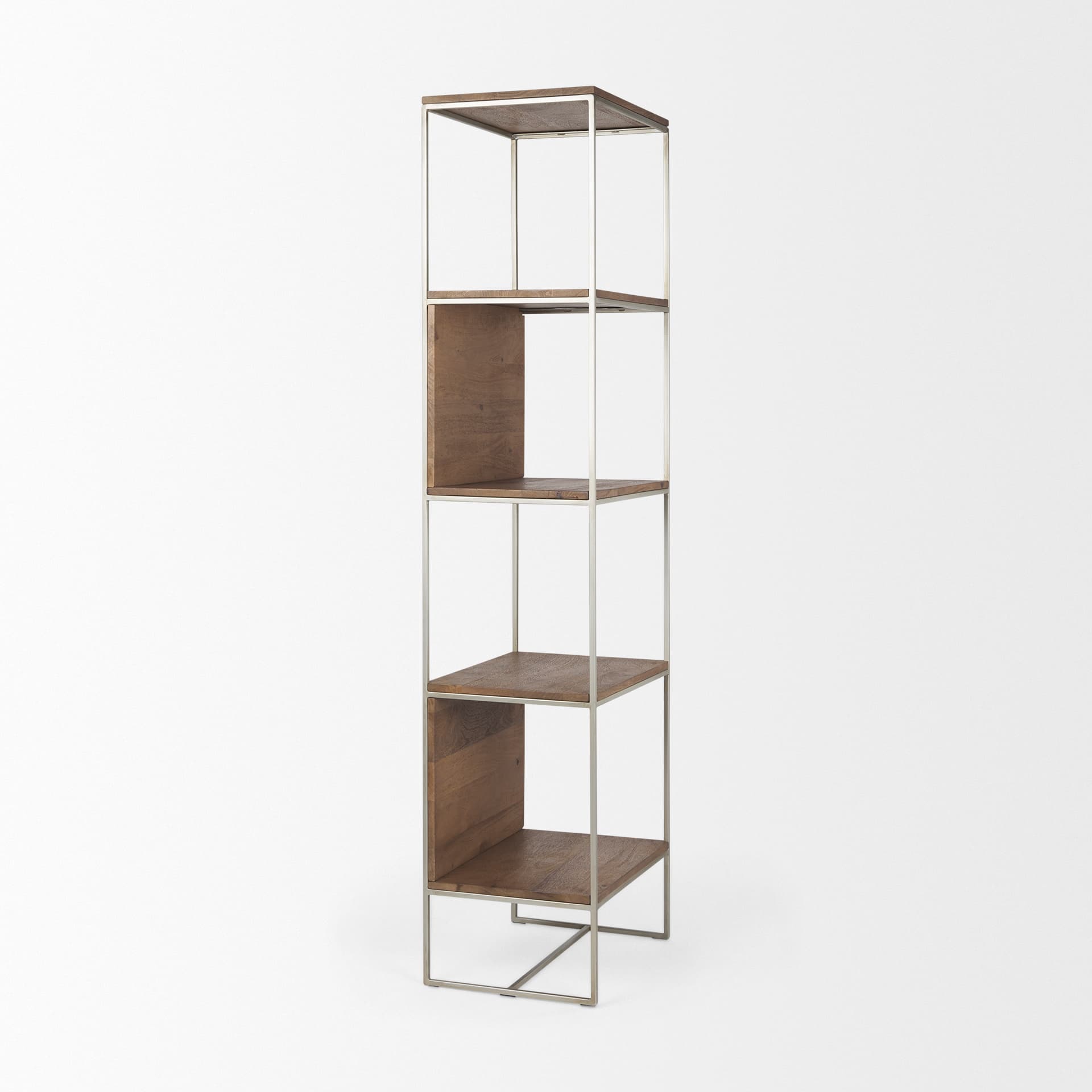 Morris II 19.75 x 15 x 72.5 Brown Wood and Silver Metal Frame 4 Shelf Shelving Unit — product photograph