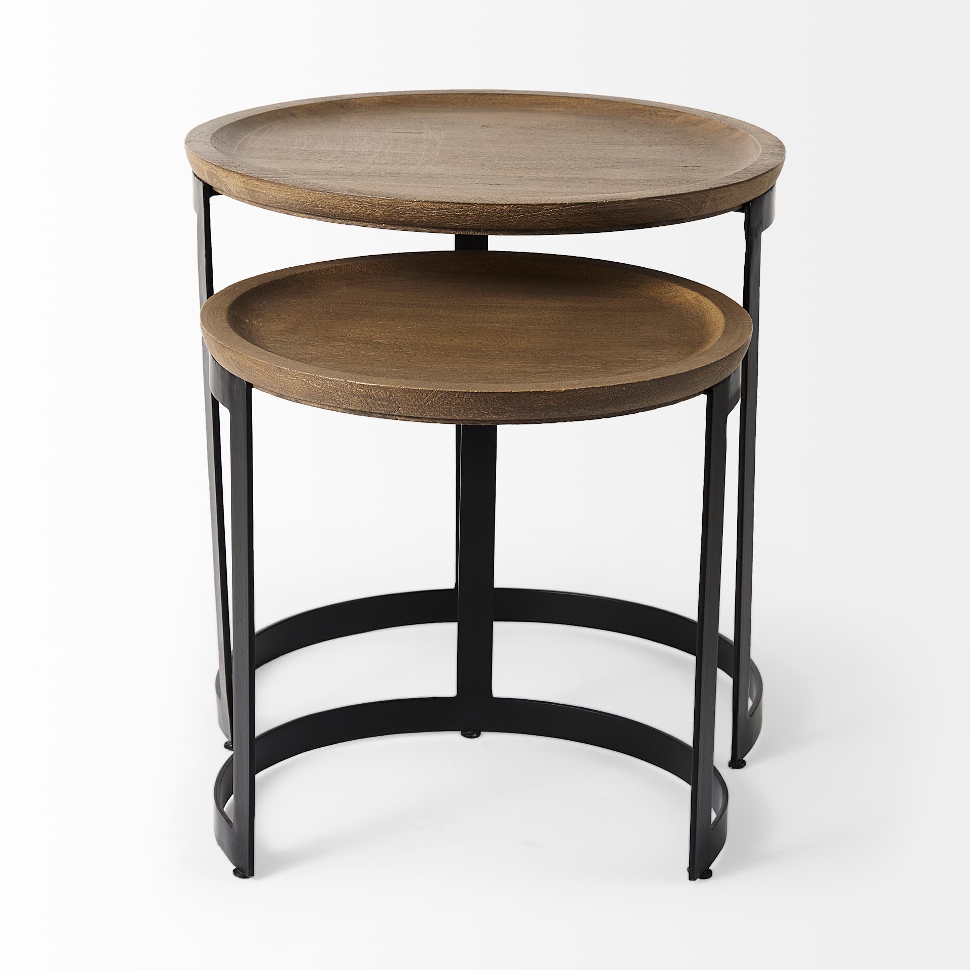 Aisley (Set of 2) 19.3L x 19.3W x 19H Light Brown Wood W/ Black Metal Base Round Nesting Side Tables — product photograph