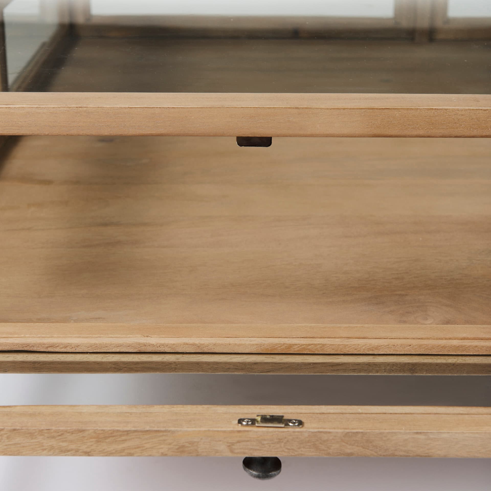 Arelius 42" Square Glass-Top Light Brown w/ Black Metal Base Display Coffee Table — product photograph