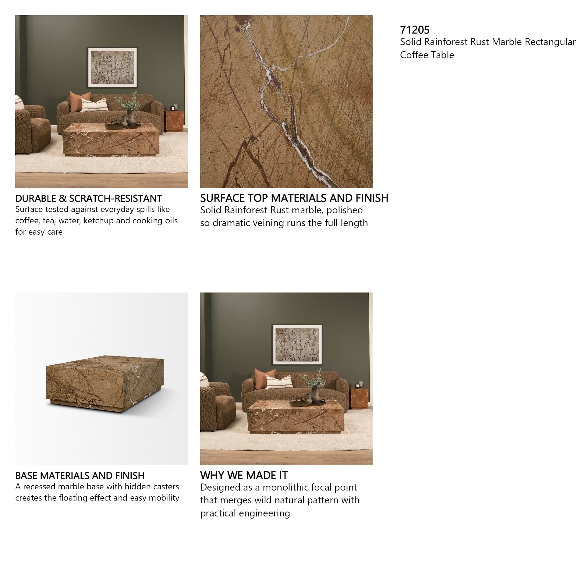 Matteo Solid Rainforest Rust Marble Rectangular Coffee Table — in a styled room