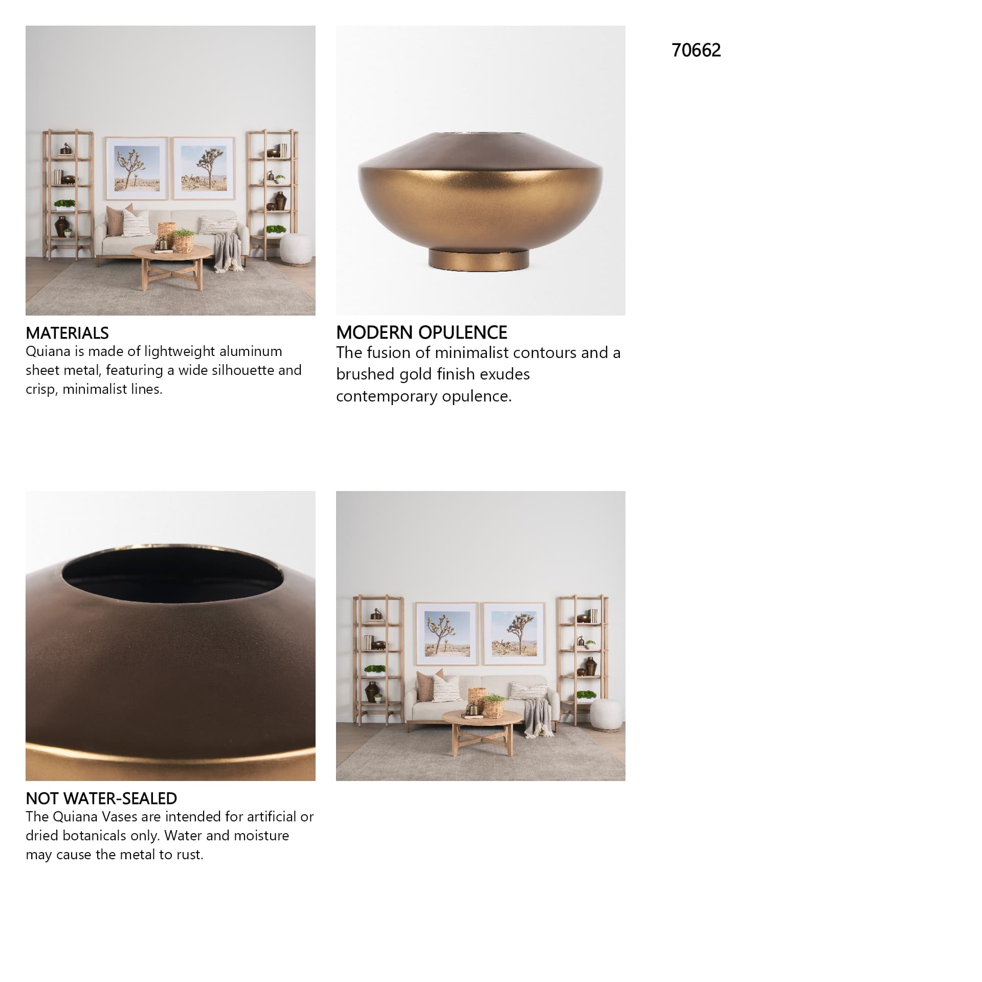 Quiana Large Gold Metal Vase — in a styled room