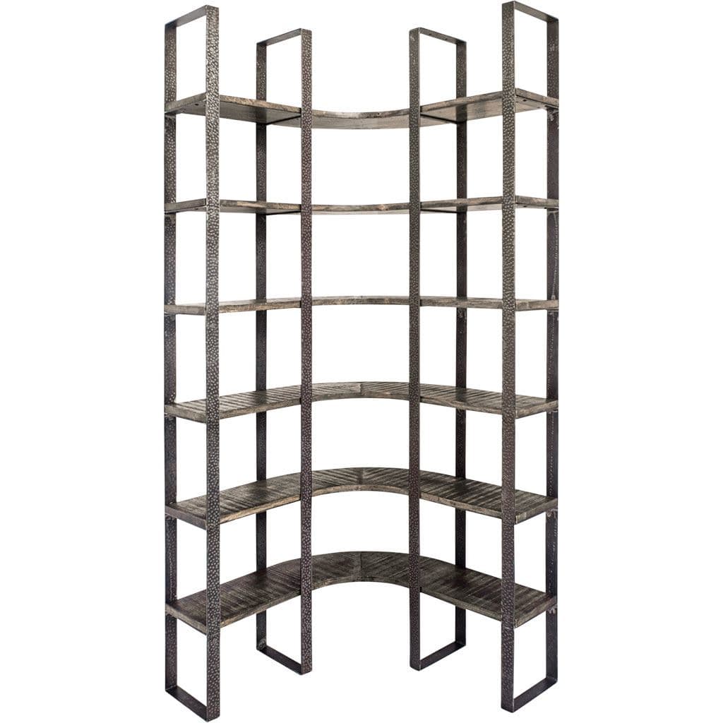 Turner I 37L x 10.5W x 90H Curved Brown Wood and Black Iron Six Shelving Unit — product photograph