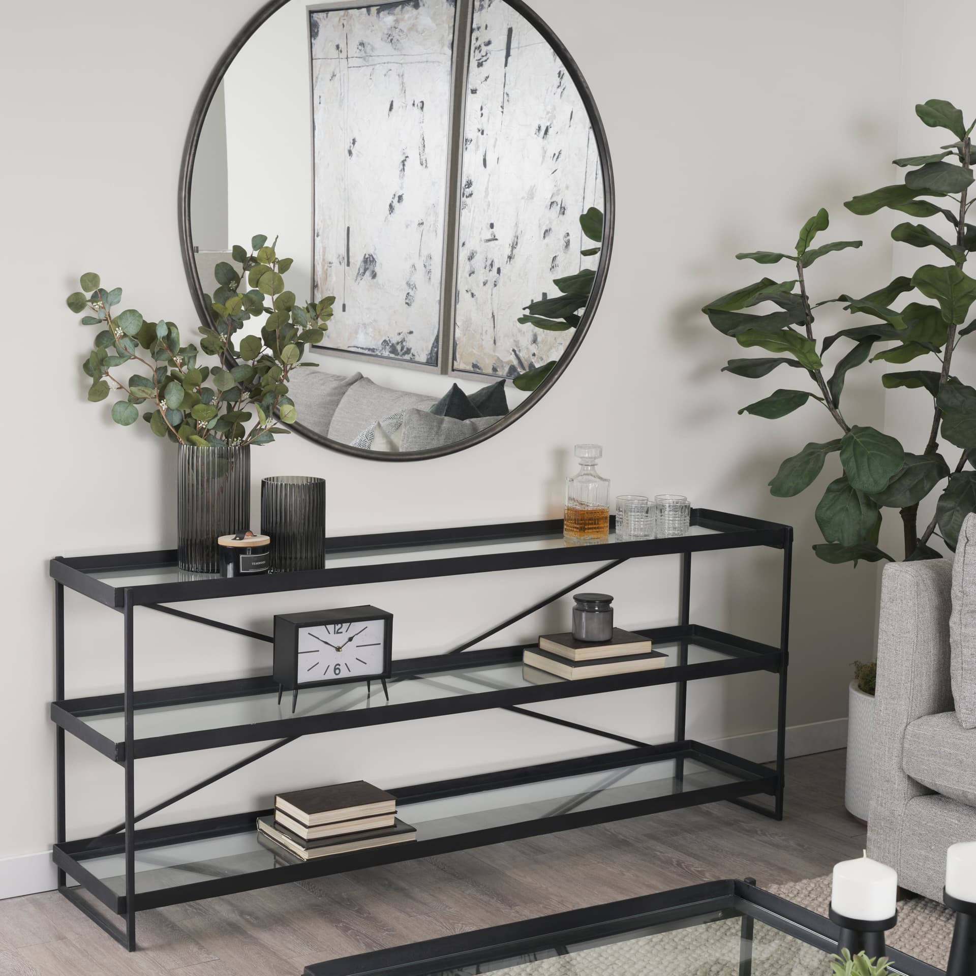 Trey 72.0"L x 16.0"W x 30.0"H Black Metal W/Glass Console Table — product photograph