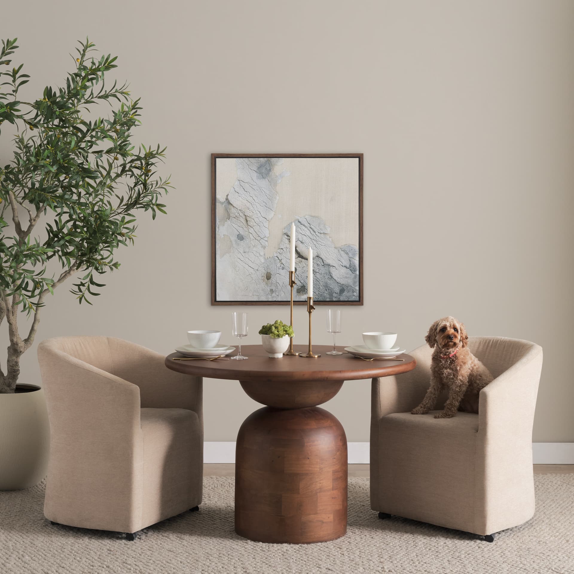 Sondra Barrel Back Dining Arm Chair | Beige Fabric w/ Wood — product photograph
