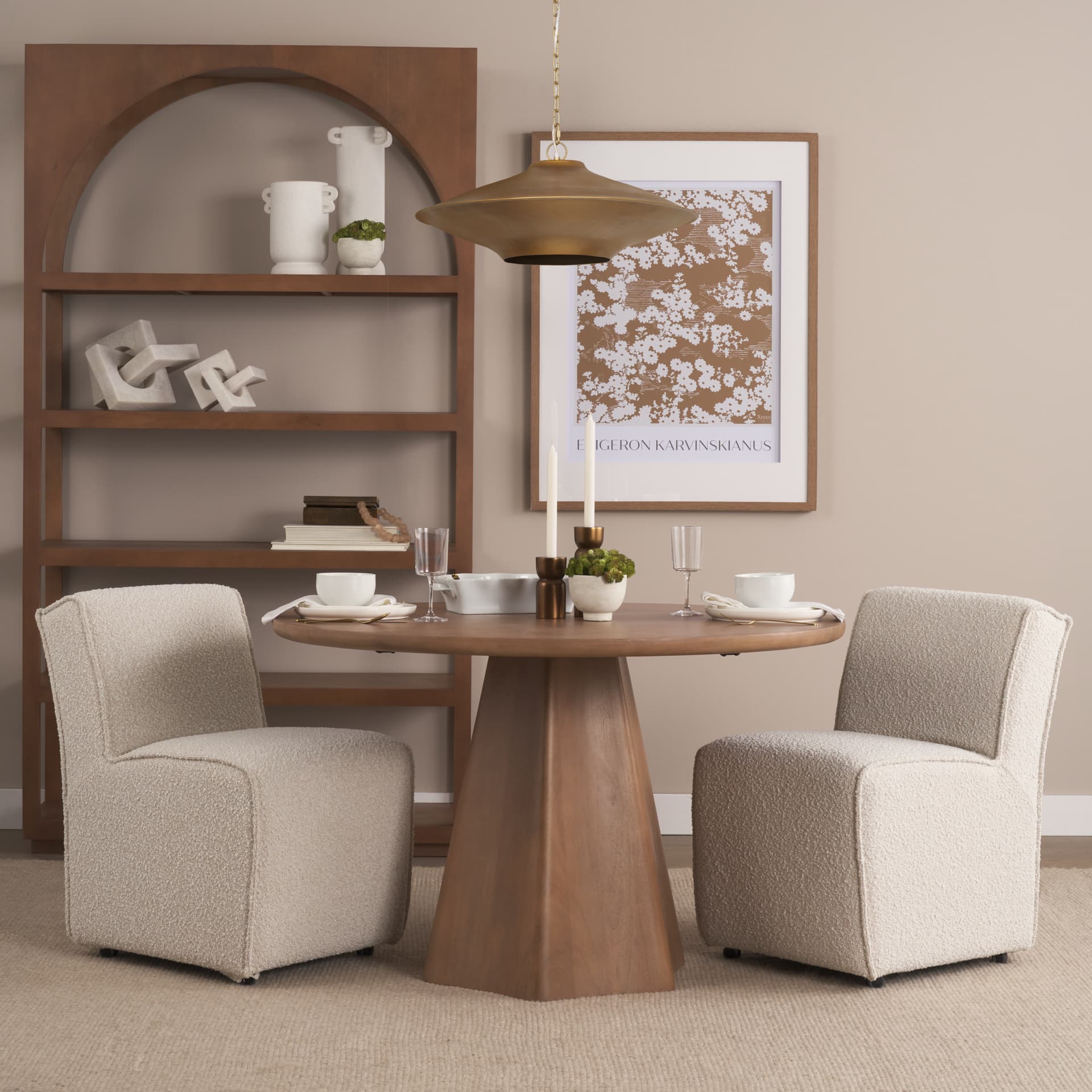 Titus 1-Light Brass Finished Metal Disc Pendant — in a styled room