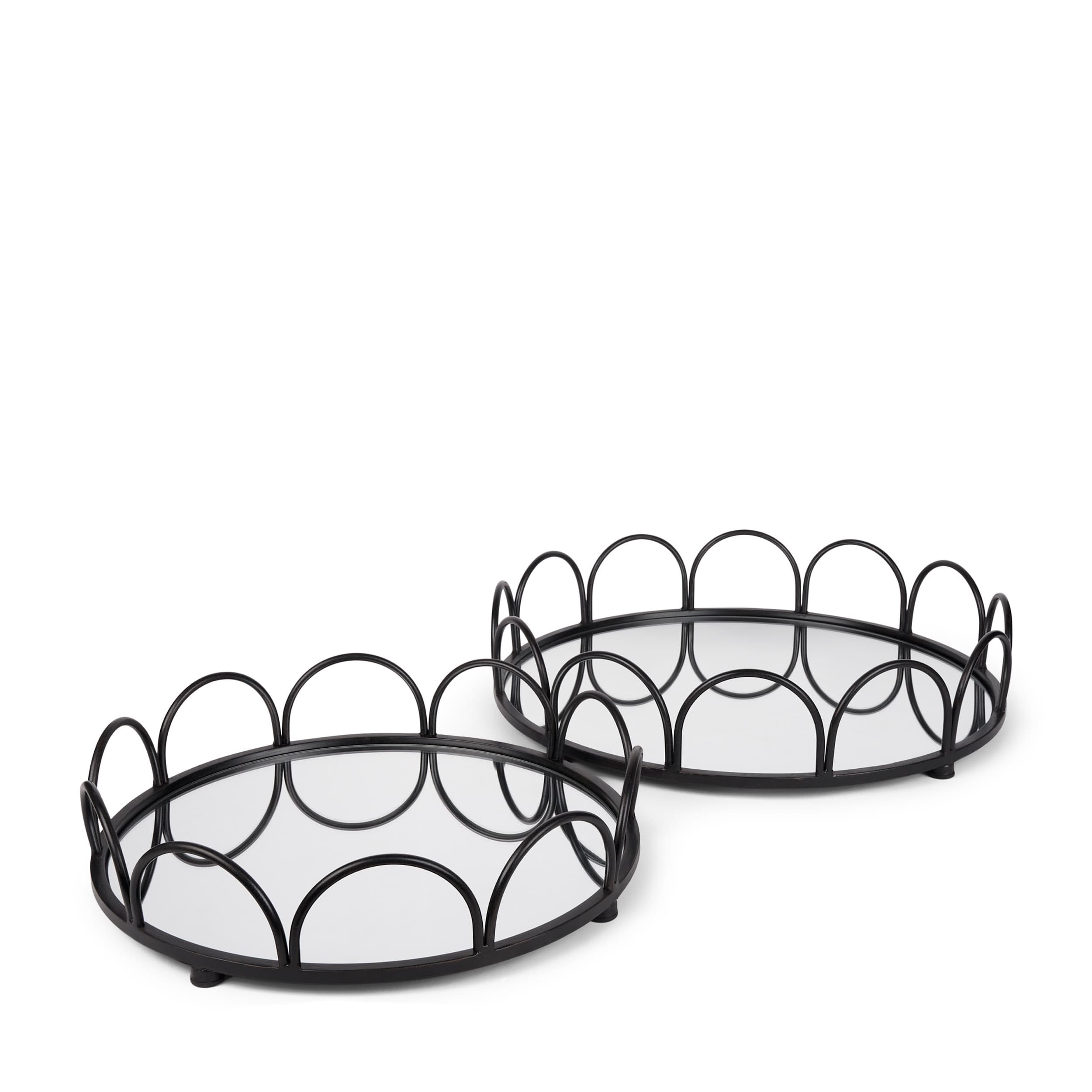 Lenore Round Metal/Mirror Tray Black (Set of 2) — product photograph