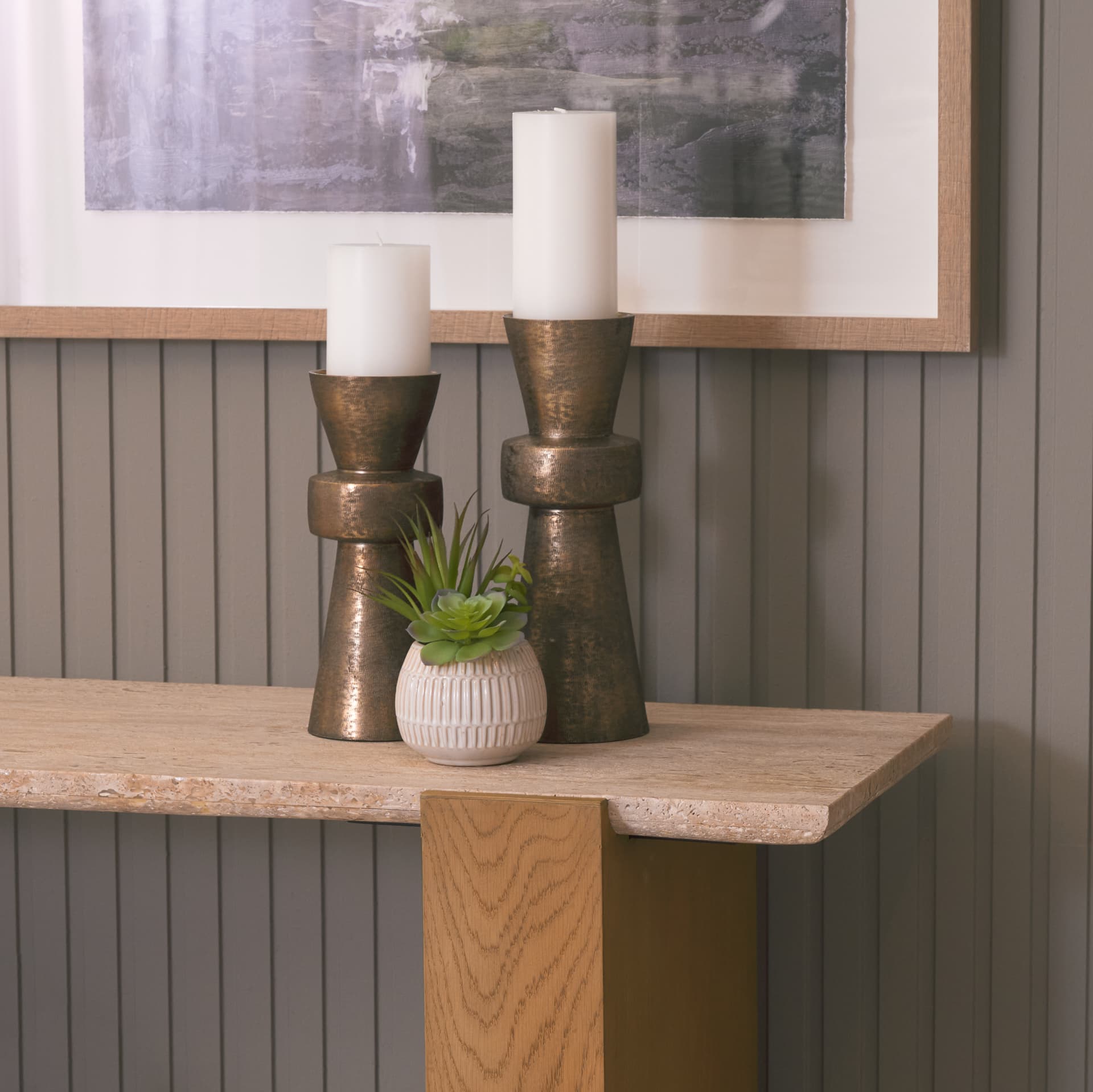 Milos Travertine Top w/ Light Brown Oak Wood Console Table — product photograph