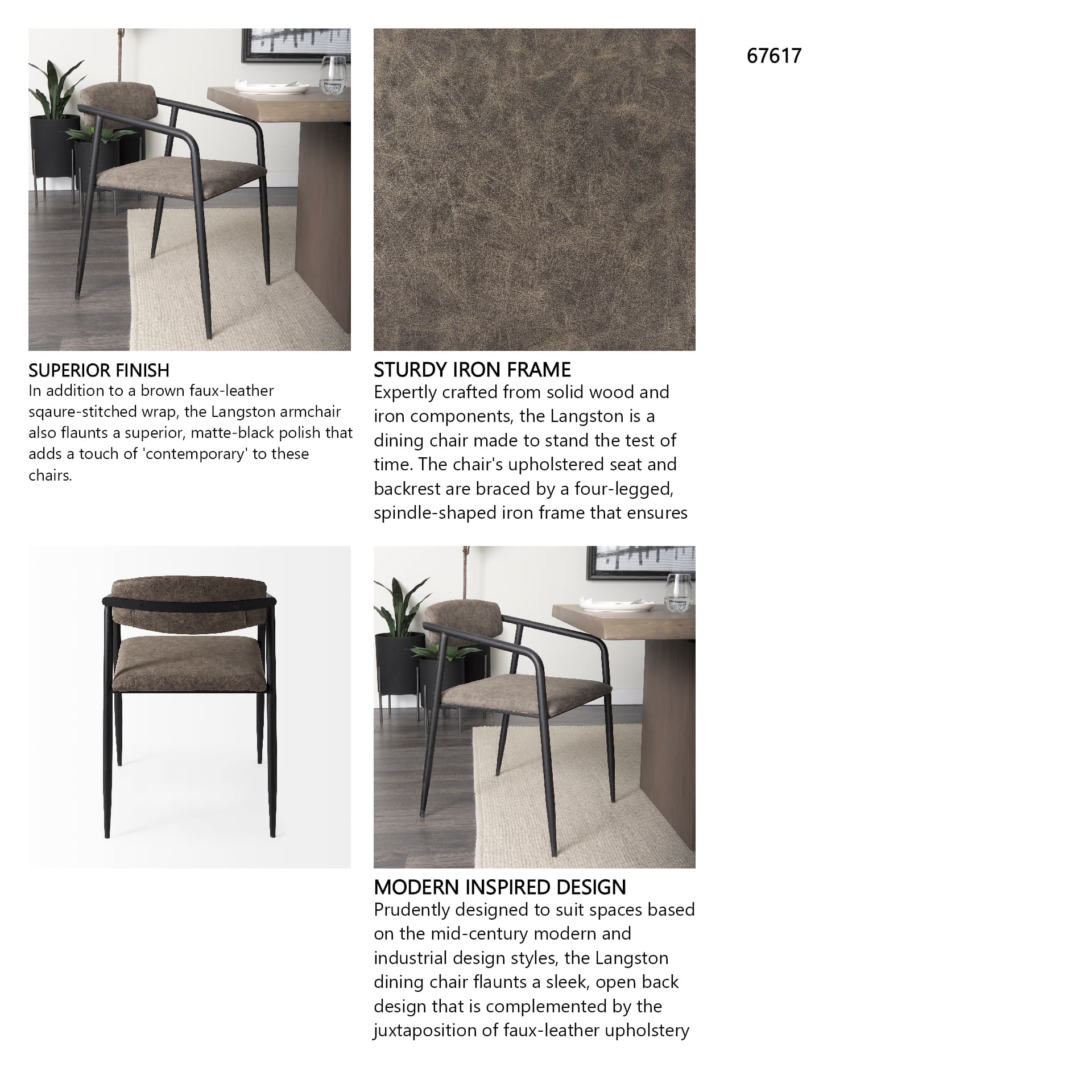 Langston Open Back Dining Arm Chair | Brown Faux Leather w/ Black Iron — in a styled room
