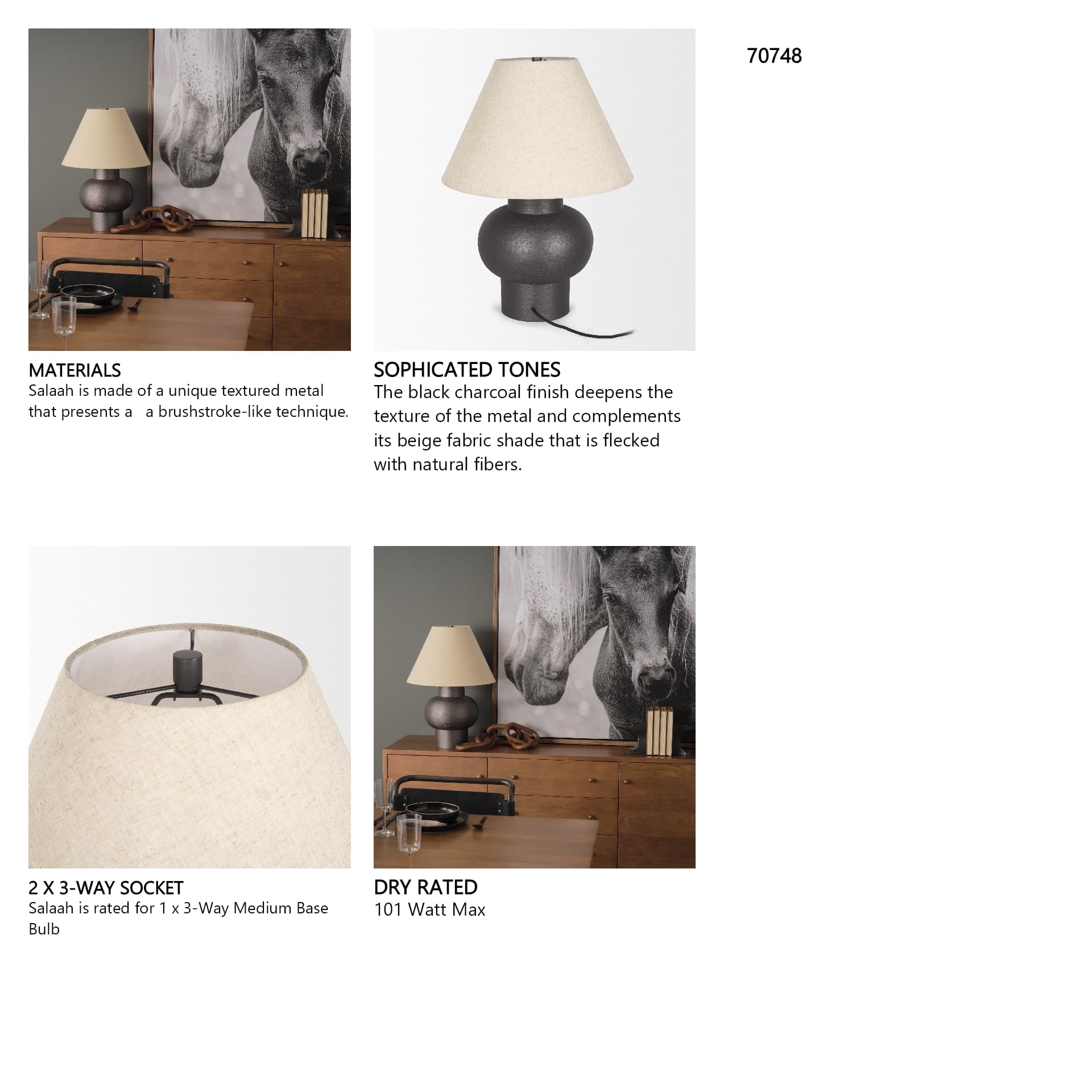 Salaah Black Brushed Metal w/ Beige Shade Table Lamp — in a styled room