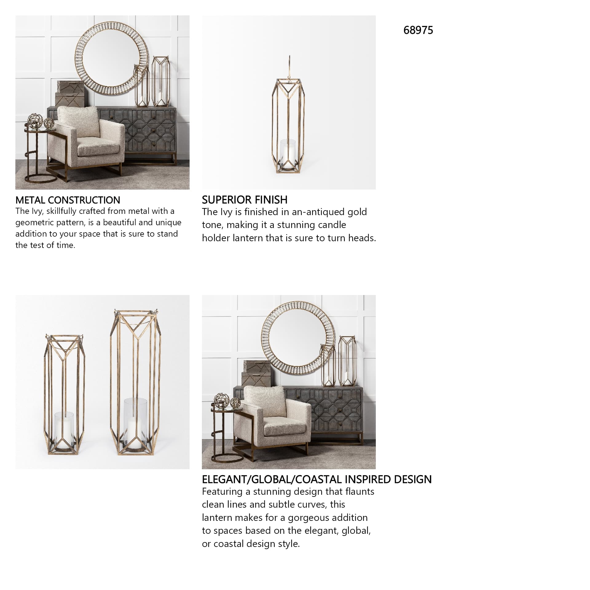 Ivy Small Gold Metal Geometric Cage Candle Holder Lantern — in a styled room
