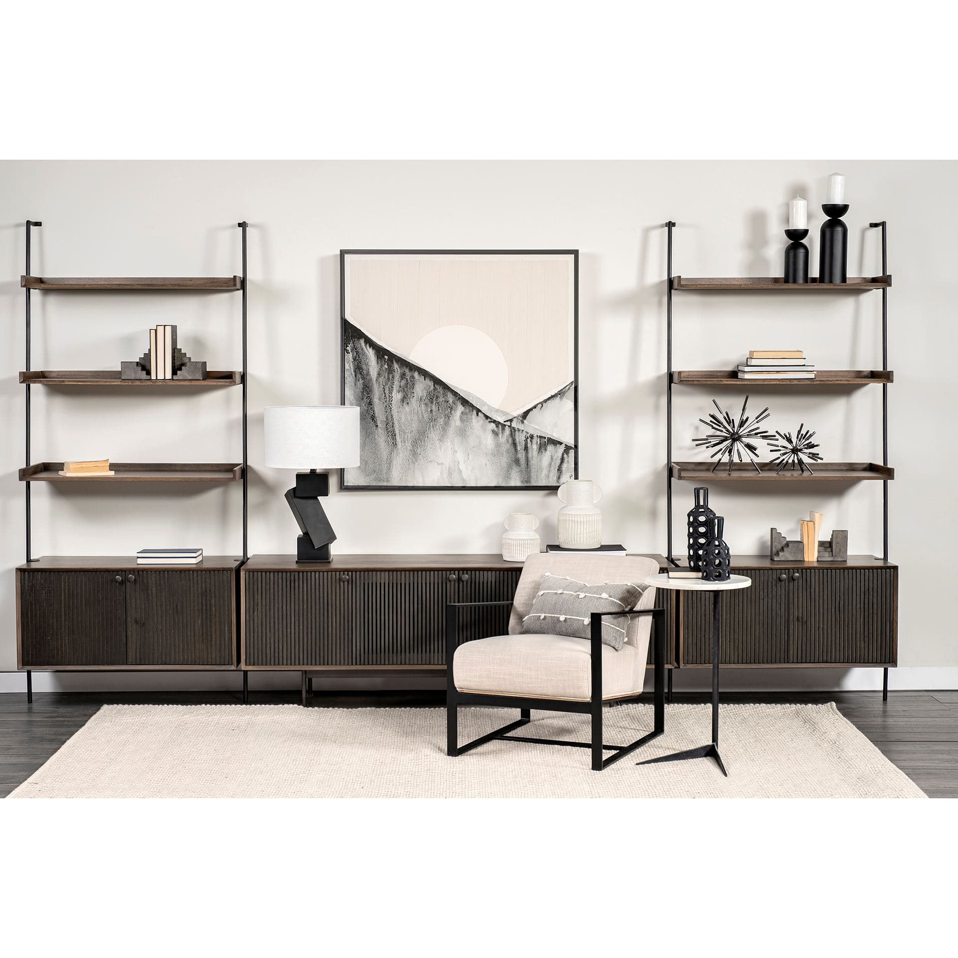 Grace 37.5L x 20W x 82H Two-Toned Brown Wood Three Shelf Shelving Unit — in a styled room