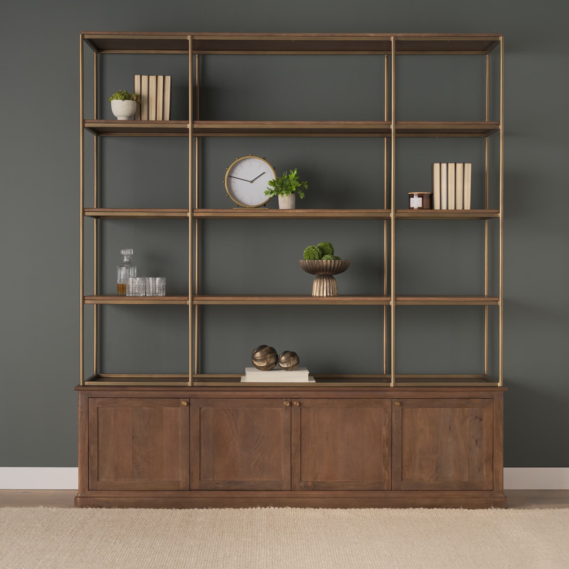 Baron 4-Door Dark Brown Wood w/ Antique Brass Metal Open Shelving Unit — in a styled room