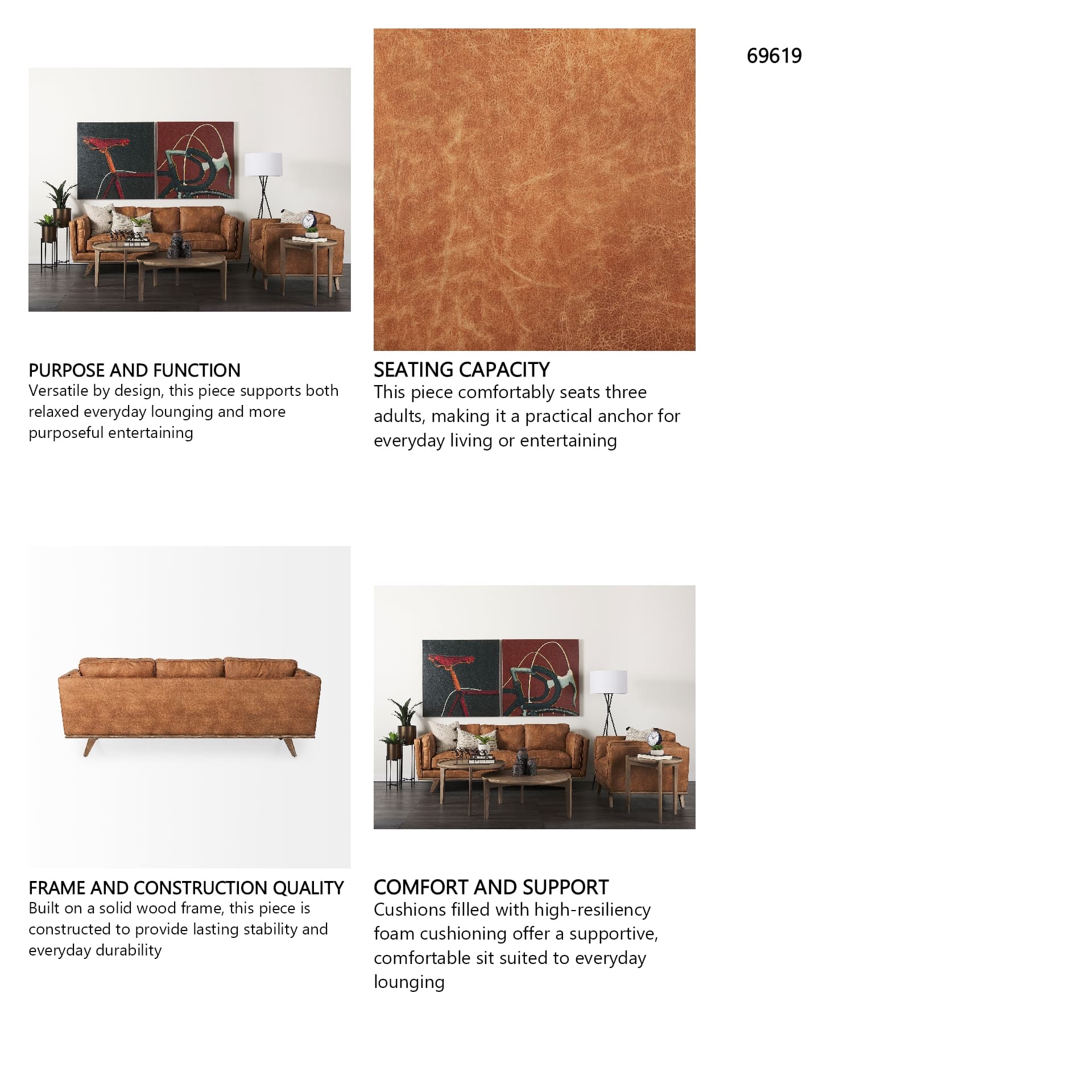 Brooks 90.2L x 34.8W x 33.5H Cognac Brown Faux Leather Three Seater Sofa W/ Medium Brown Wooden Legs — in a styled room