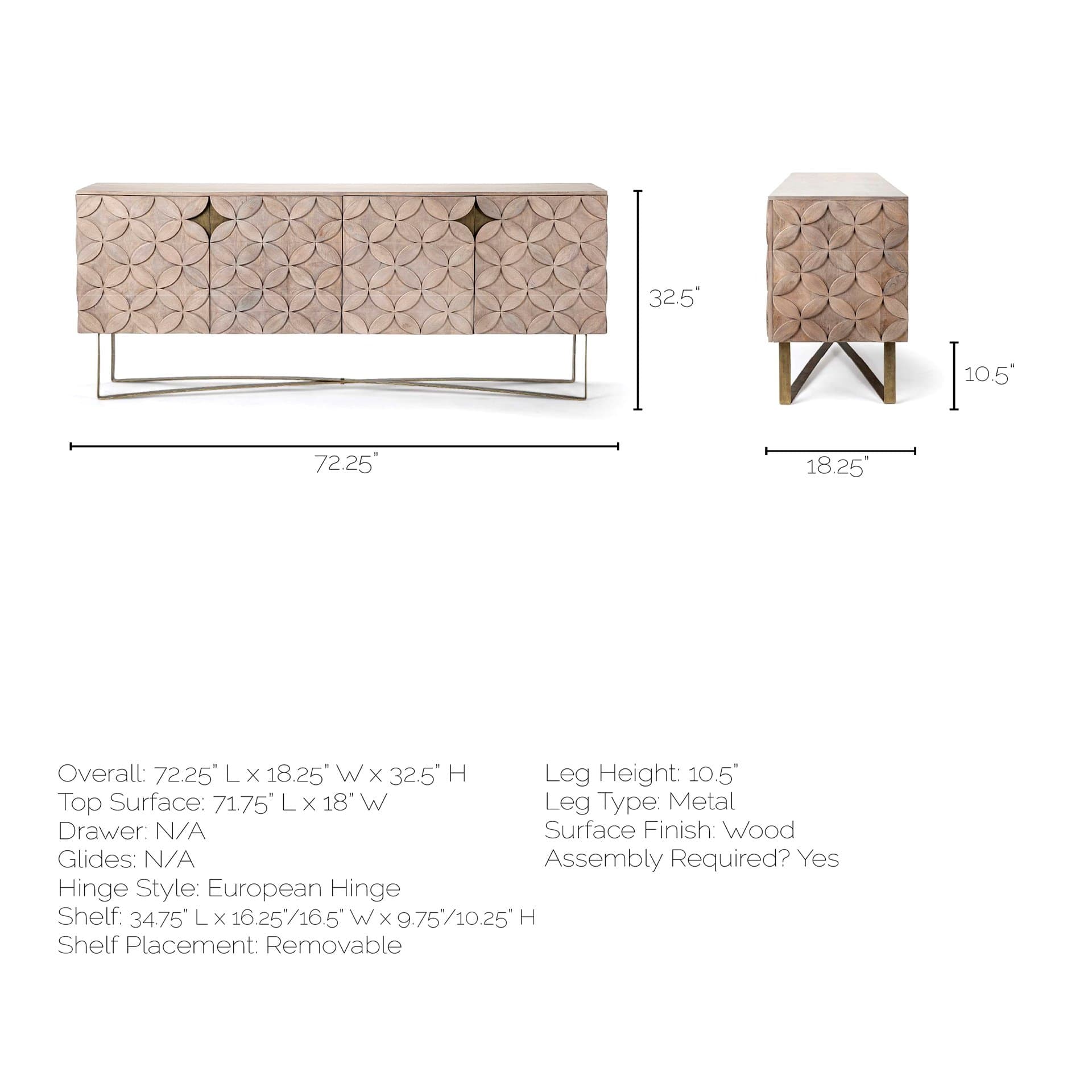 Excelsior I (72x18.3) Solid Wood Gold Metal Base 4 Cabinet Door SideBoard — product photograph