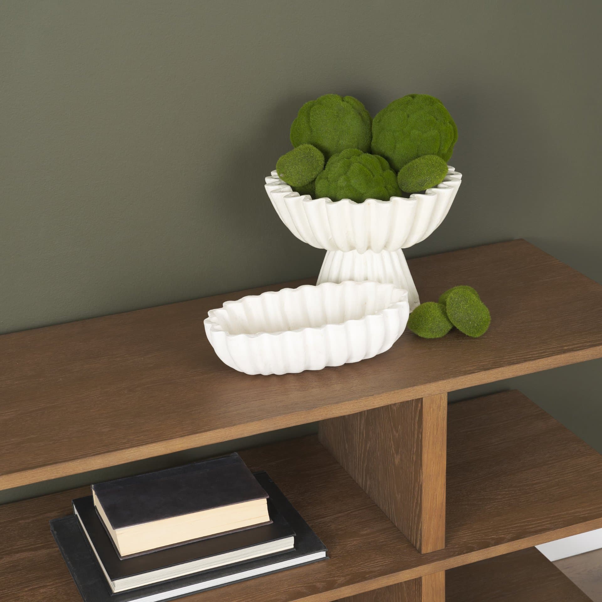 Camelia Fluted White Paper Mache Pedastal Centerpiece Bowl — in a styled room