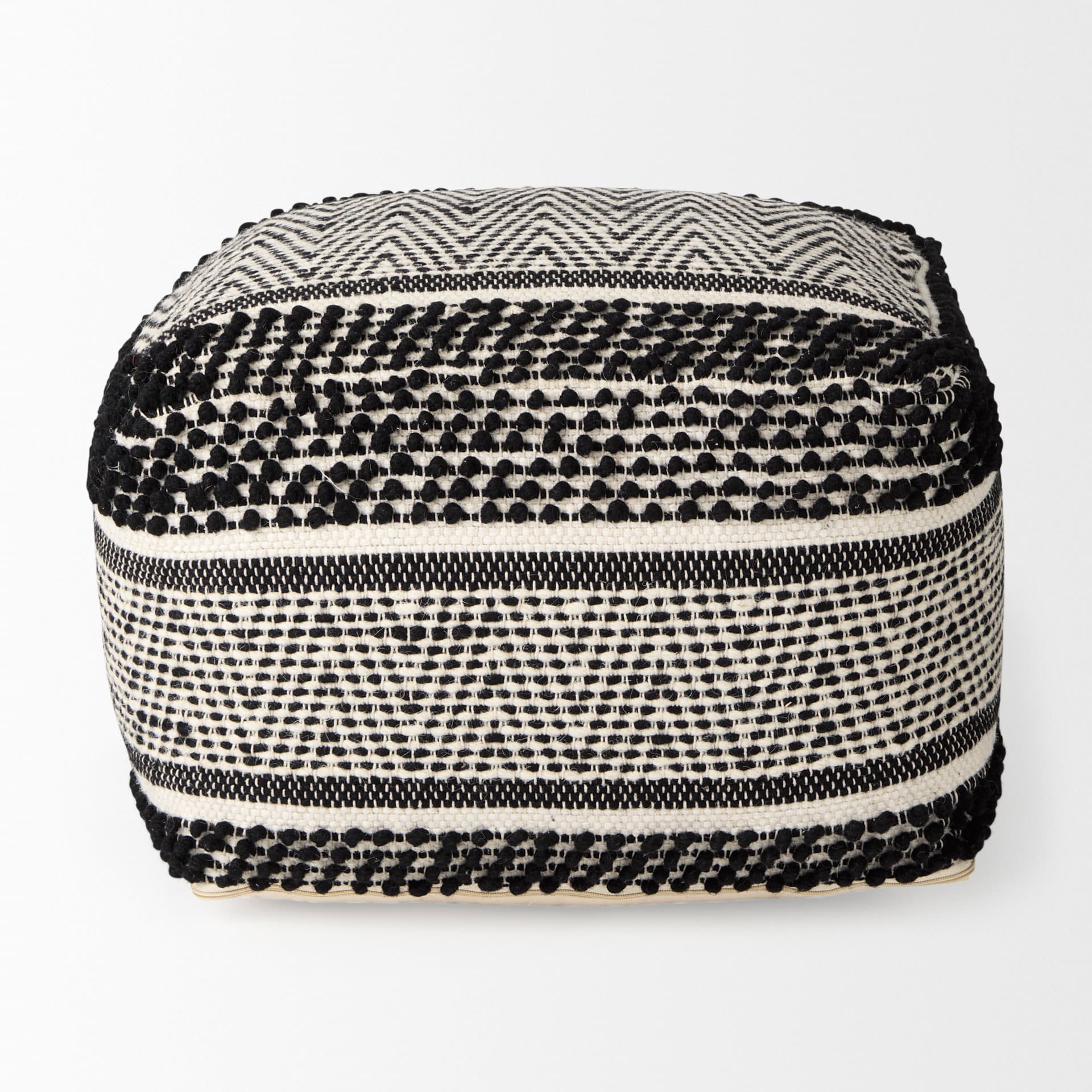 Garima 22.0L x 22.0W x 14.0H Black/White Wool and Cotton Patterned Pouf — product photograph