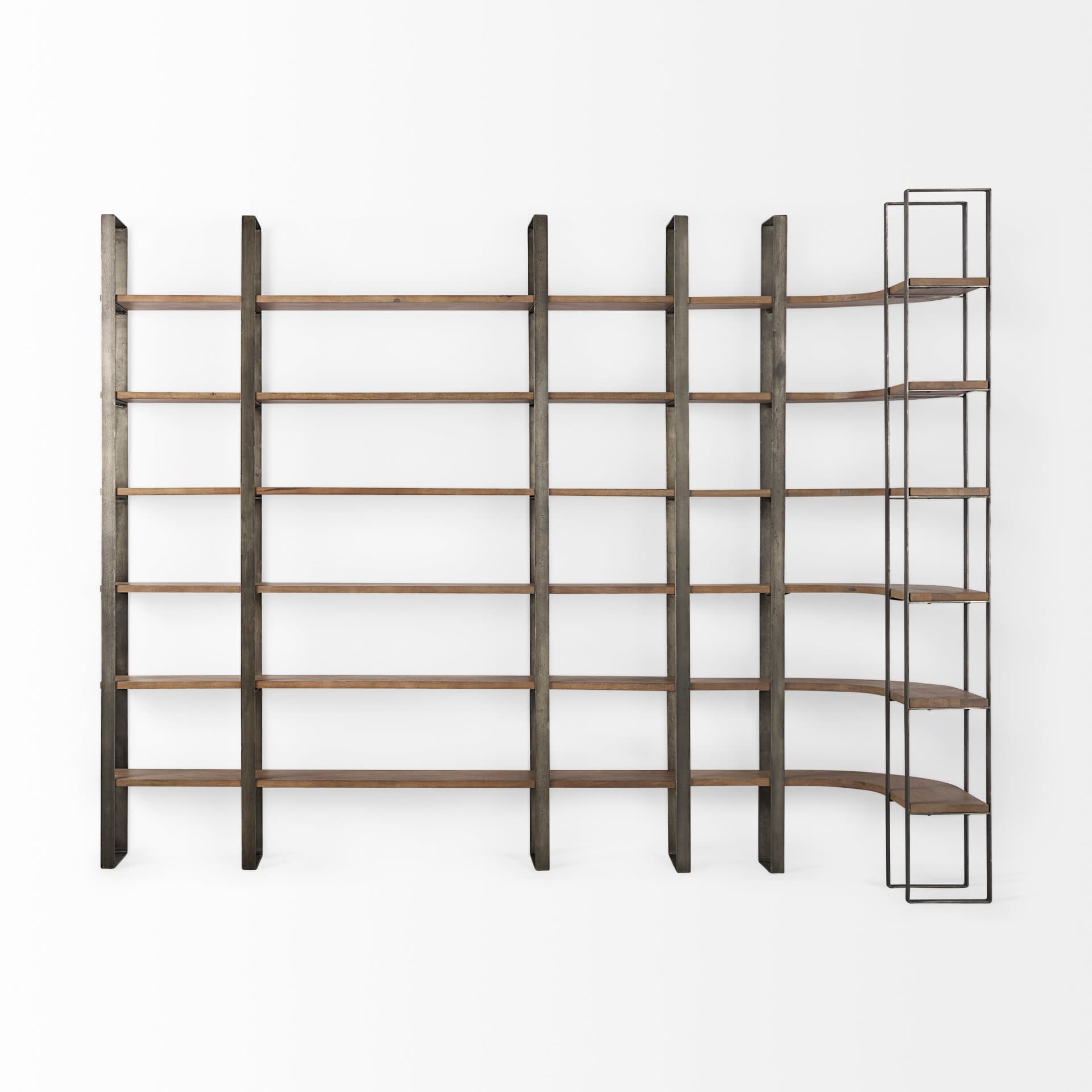 Taunton 80L x 10.5W x 90H Medium Brown Wood W/ Antique Nickel Metal Frame 6 Tier Shelving Unit — product photograph