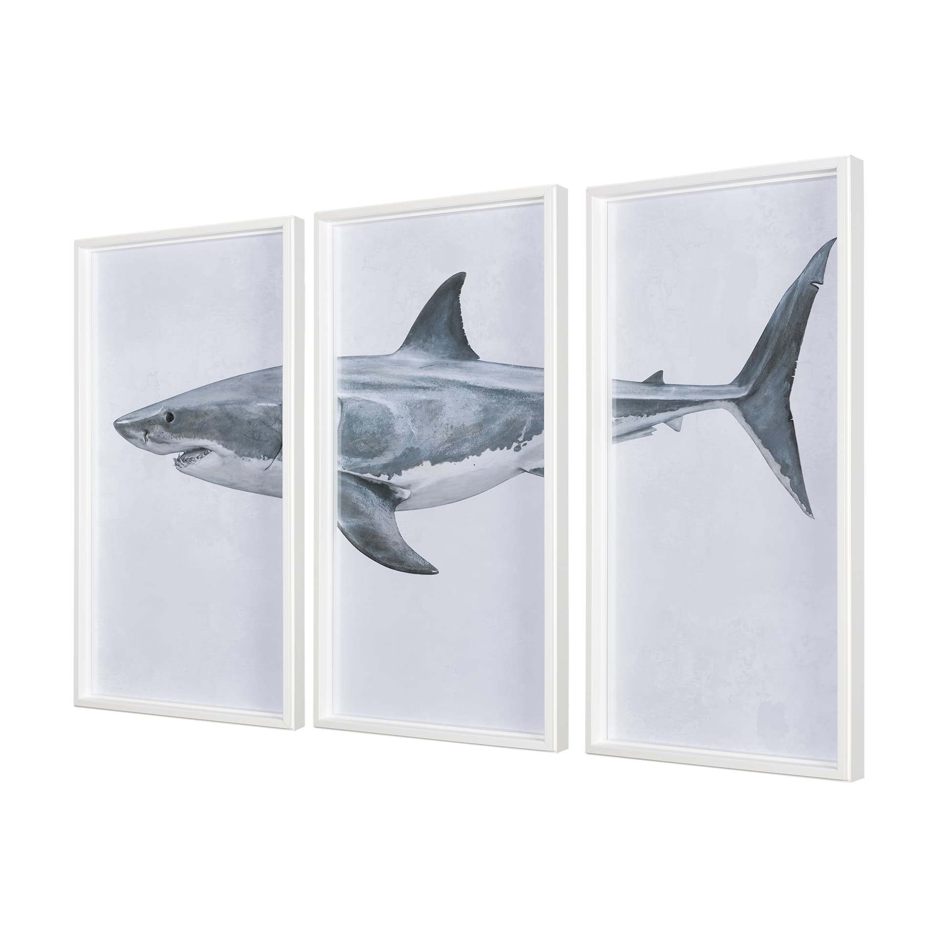 Great White Shark by Ariana a Triptych Hand Embellished Textured Framed Art Print Matted under Glass — product photograph