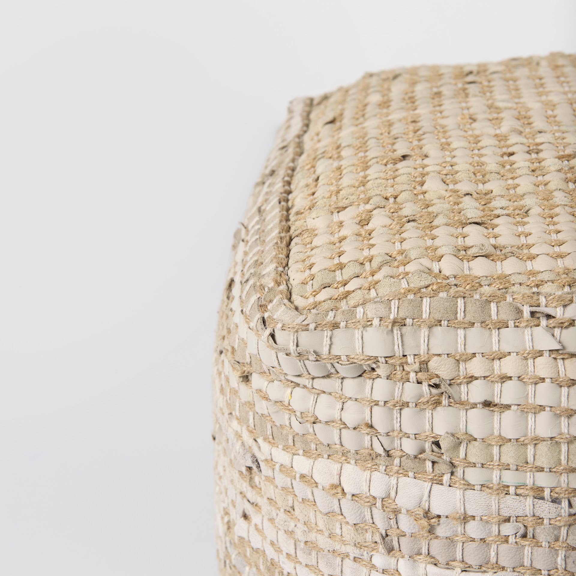 Aalia 16.0L x 16.0W x 16.0H Beige Leather and Jute Pouf — product photograph