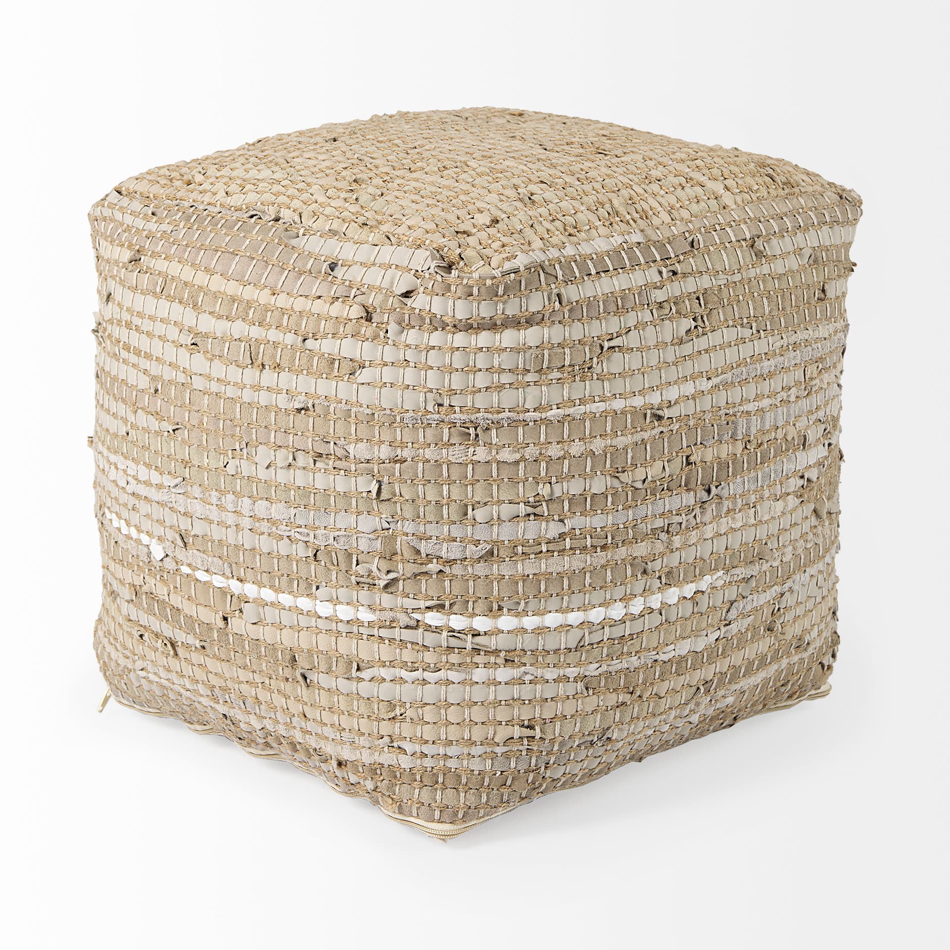 Aalia 16.0L x 16.0W x 16.0H Beige Leather and Jute Pouf — product photograph