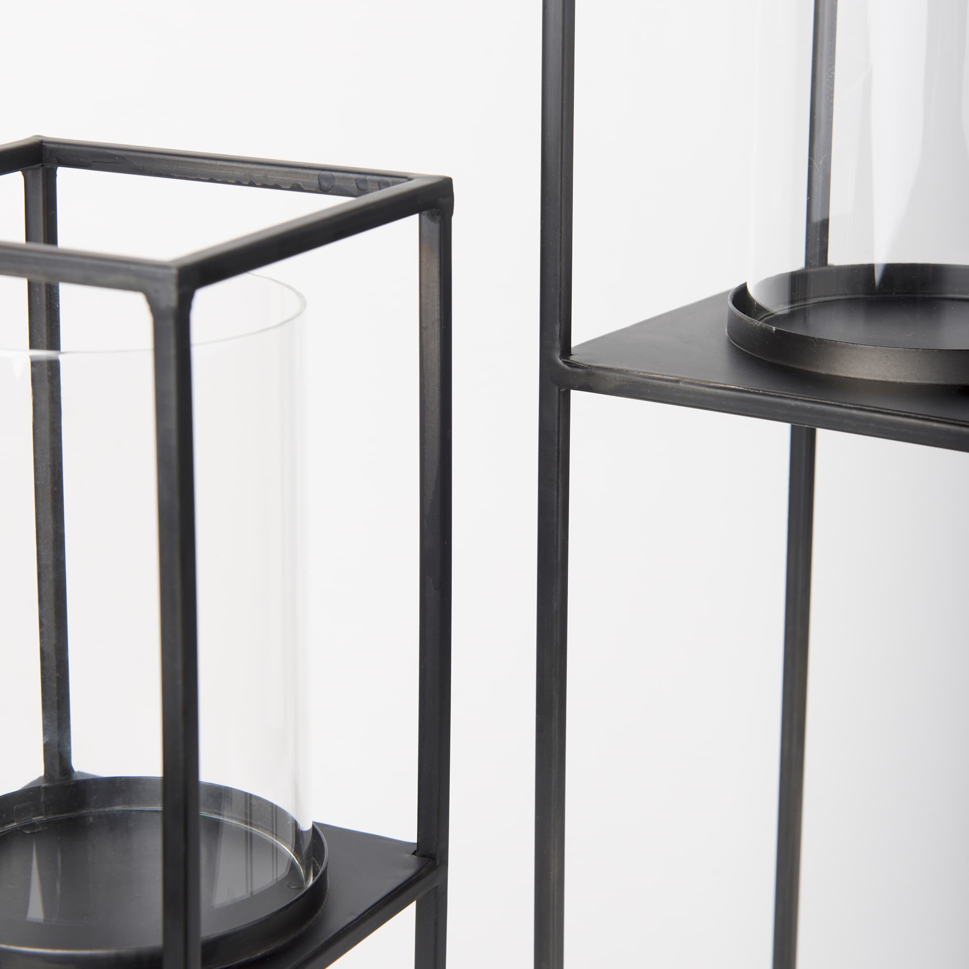 Cindy Set of 2 Matte Black Metal and Hurricane Glass Pillar Tabletop Candle Holders — product photograph