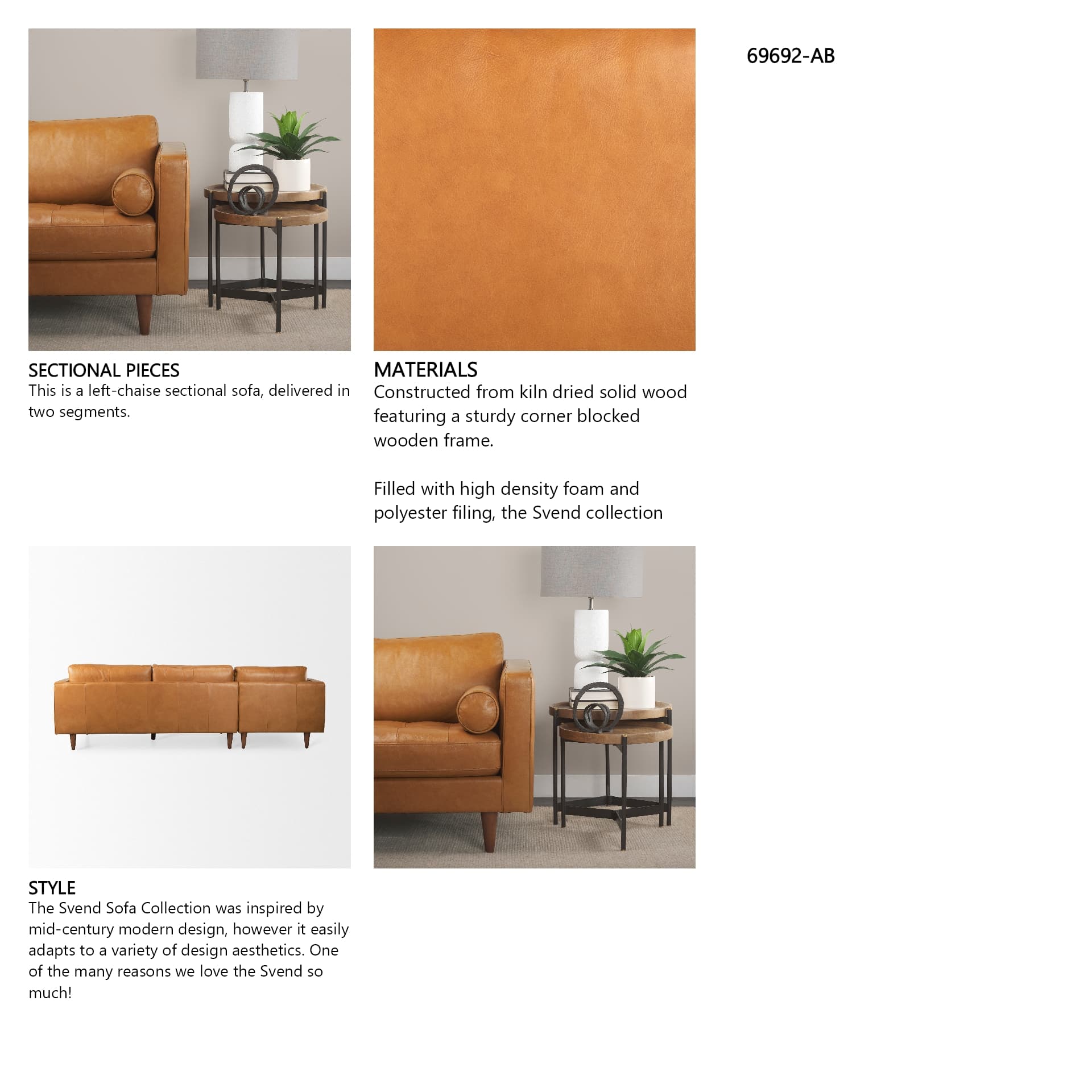 Svend 111.4L x 68.0W x 33.9H Tan Leather Left Chaise Sectional Sofa — in a styled room