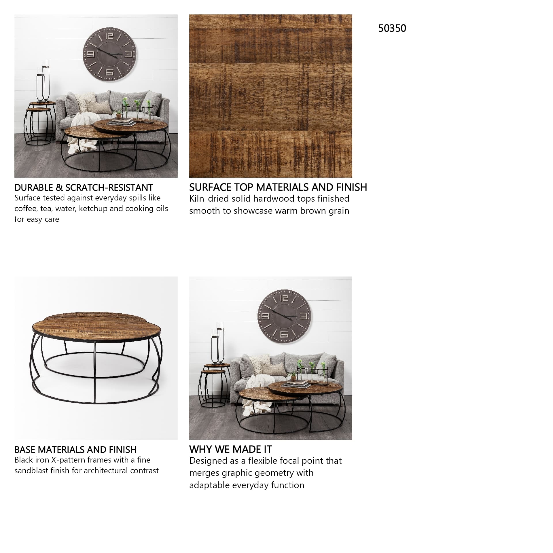 Clapp I Set of 2 (41" & 38") Round Brown Wood Top Black Iron Base Nesting Coffee Tables — in a styled room
