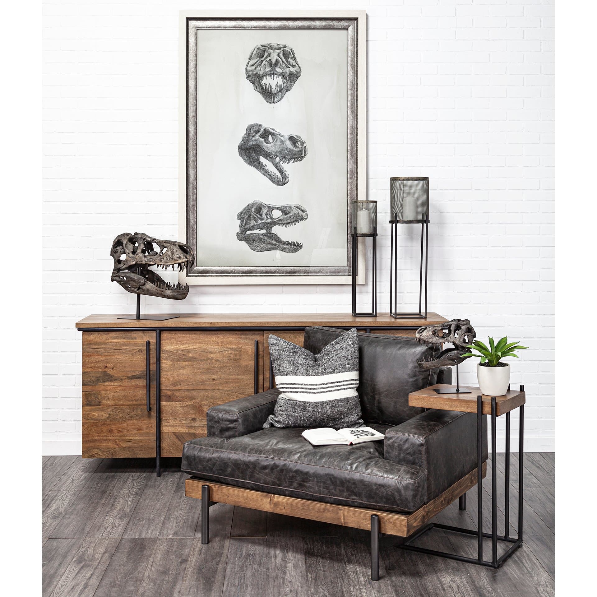Jurassic 6L x 10W Brown Resin Tyrannosaurus Skull Replica — in a styled room