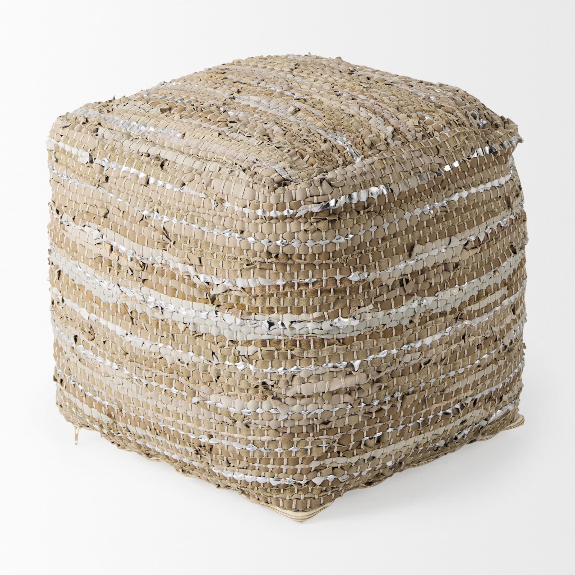 Aadhya 16.0L x 16.0W x 16.0H Taupe/Silver Leather and Cotton Pouf — product photograph