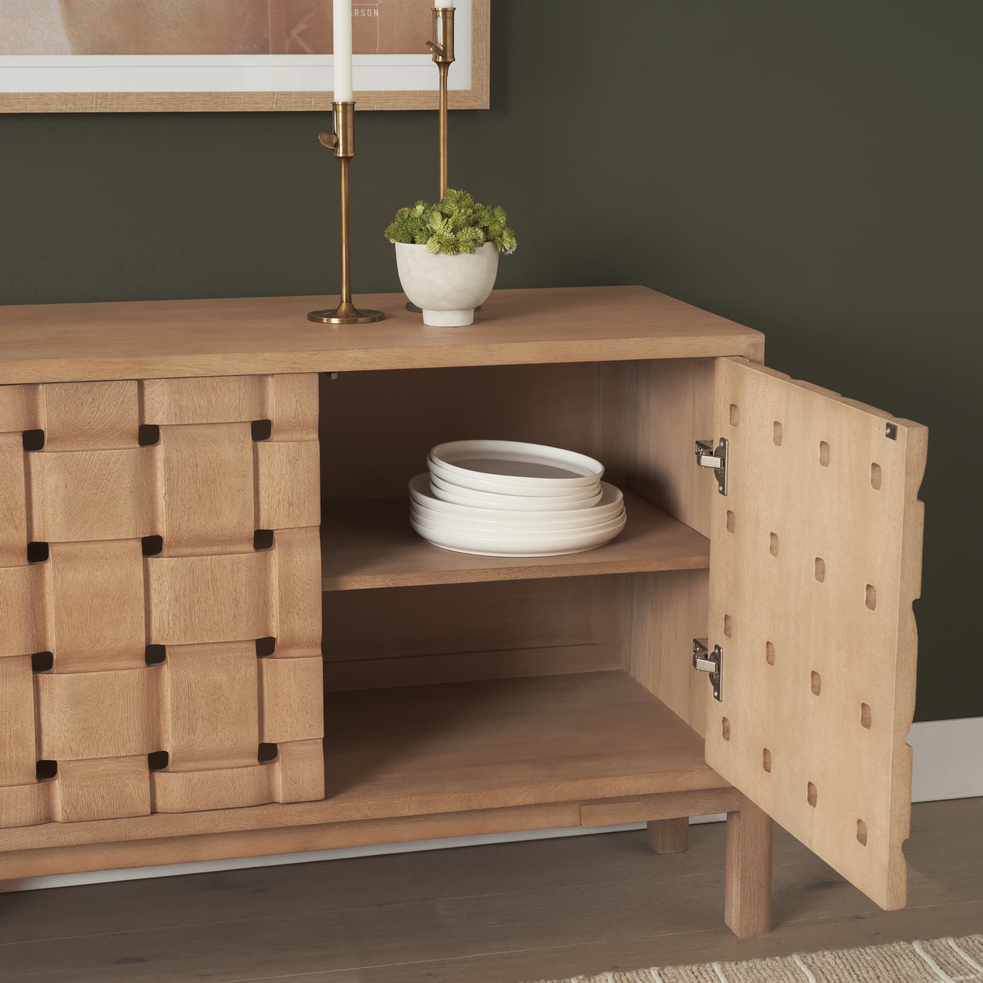 Trellyn Light Brown Solid Wood 4-Door Sideboard with Carved Woven Doors — product photograph