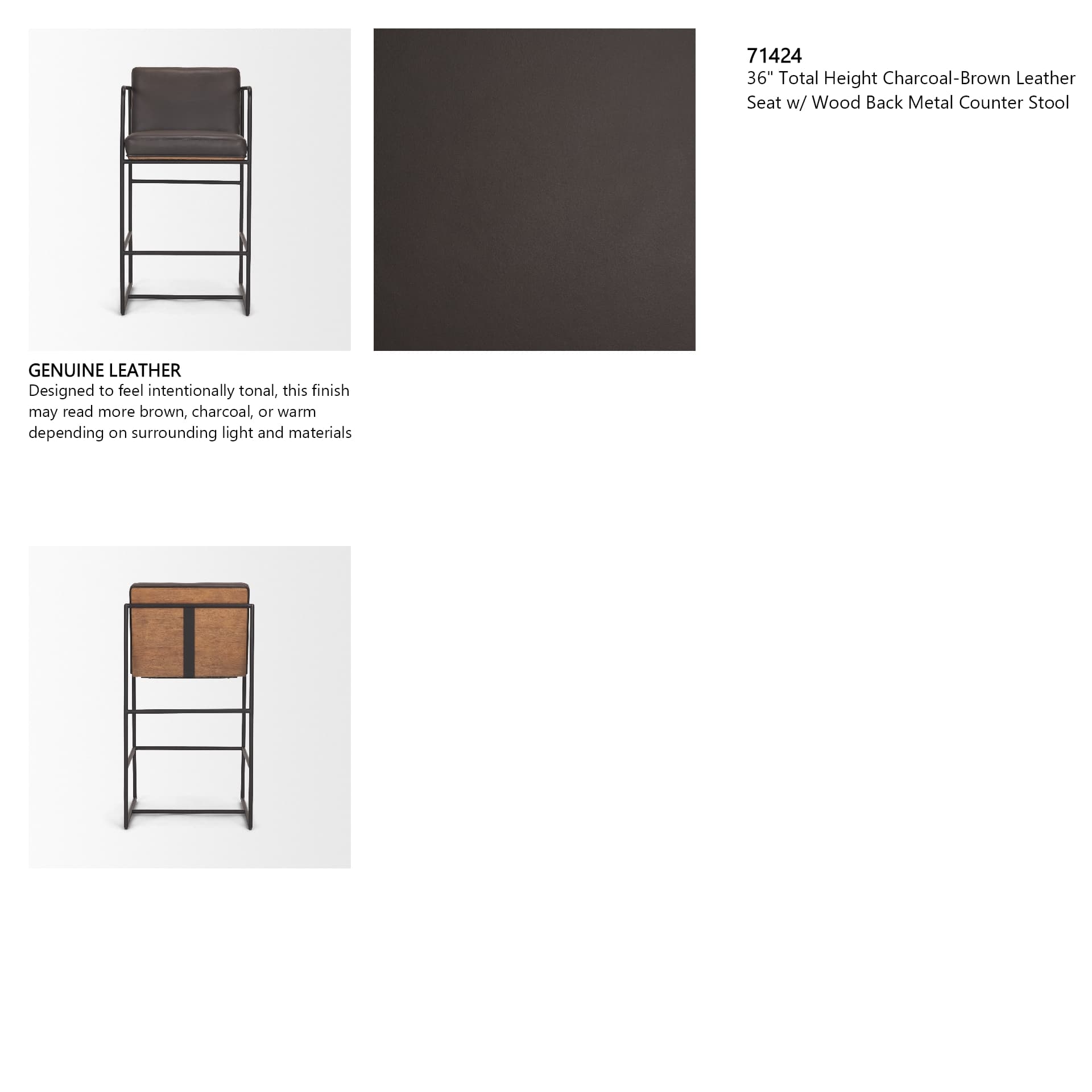 Stamford Backless 36in Seat Counter Stool | Charcoal-Brown Leather — product photograph