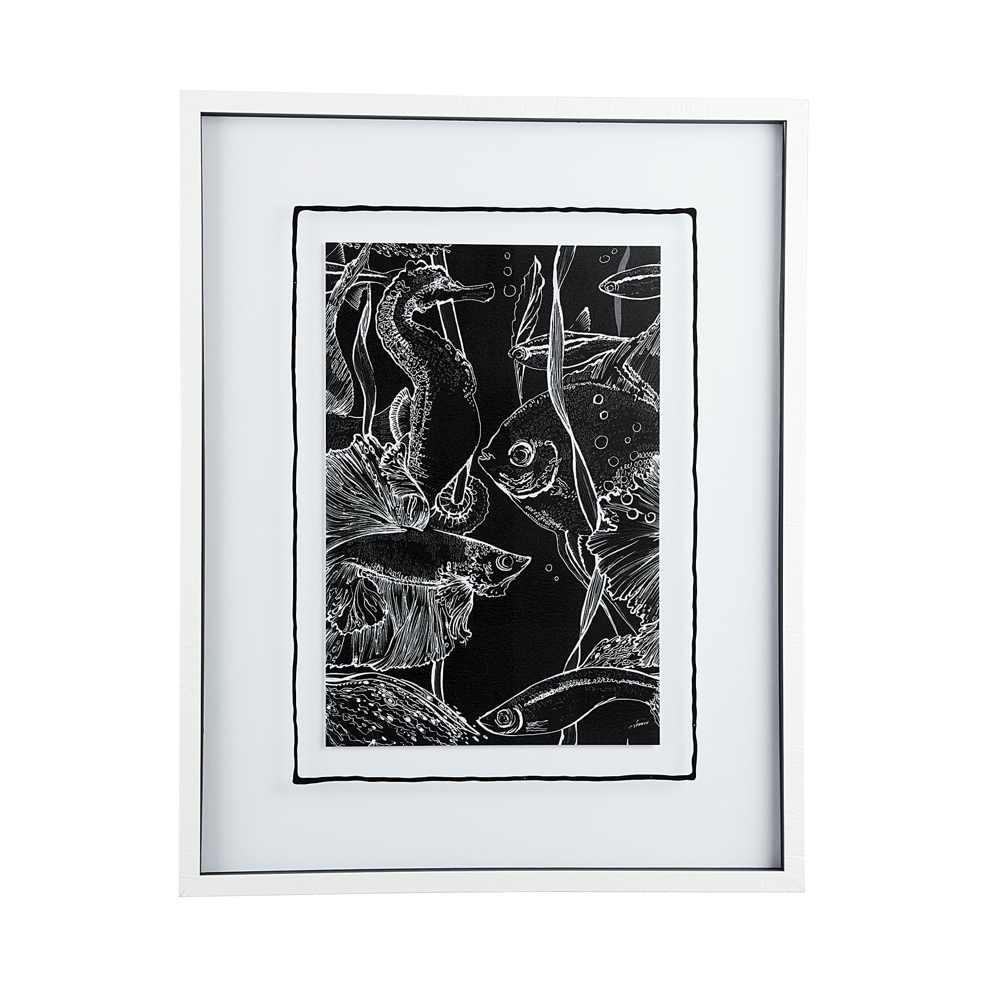 Fish Black by Mercana Studio a Hand Embellished Textured Framed Art Print Matted under Glass — product photograph