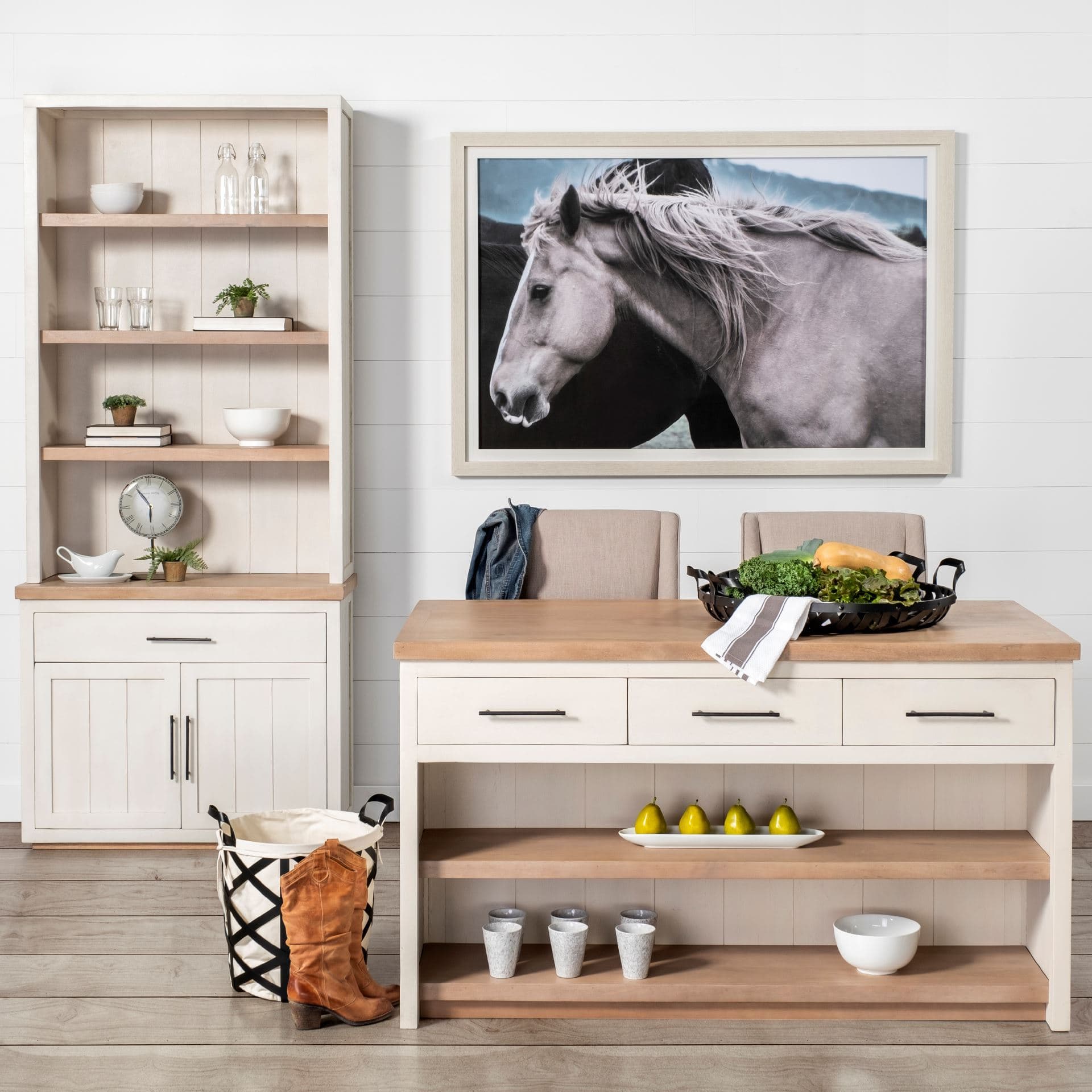 Fairview I White and Medium Brown Wood Three Shelf Shelving Unit — in a styled room