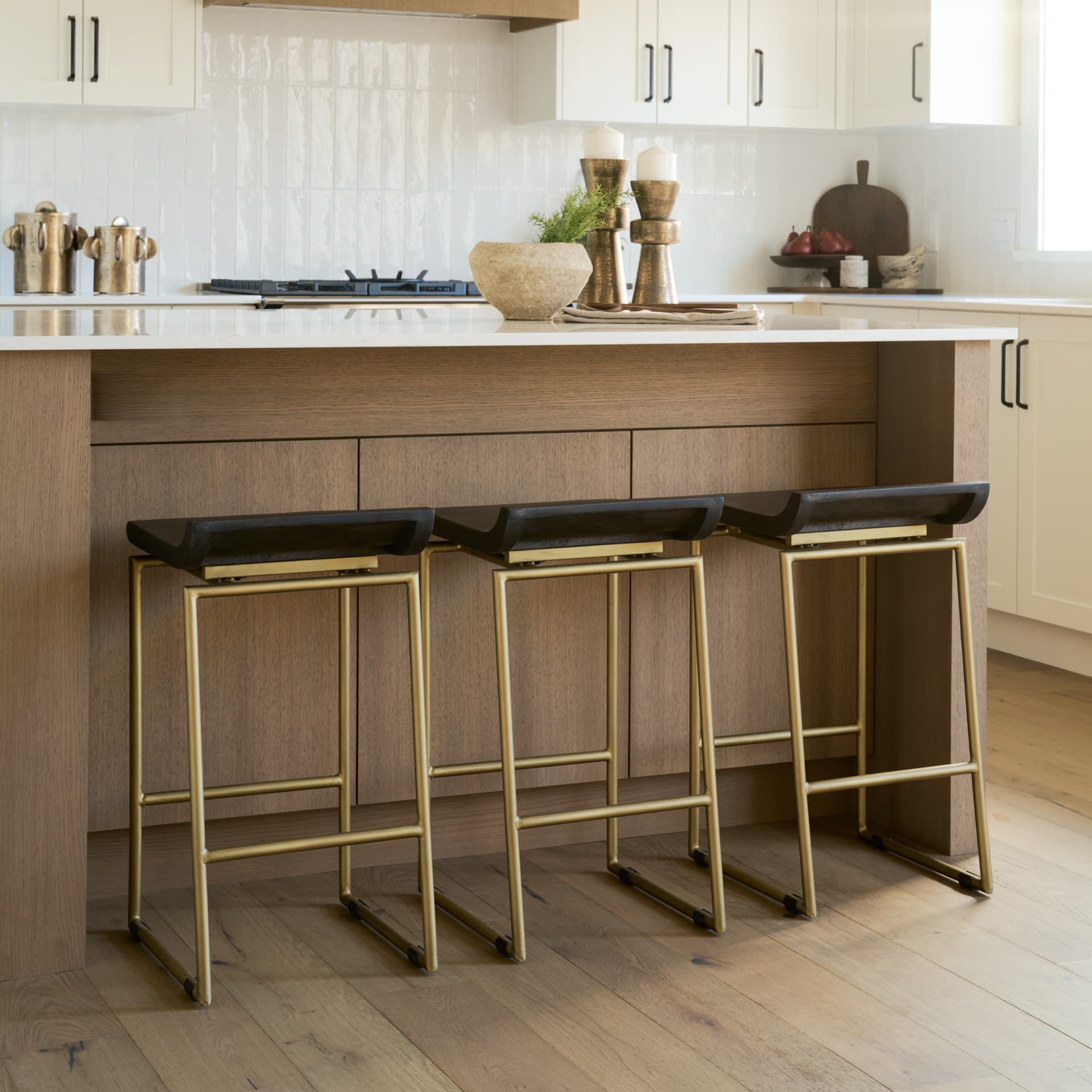 Givens Backless 26in Seat Counter Stool | Brown Wood w/ Gold Metal — product photograph