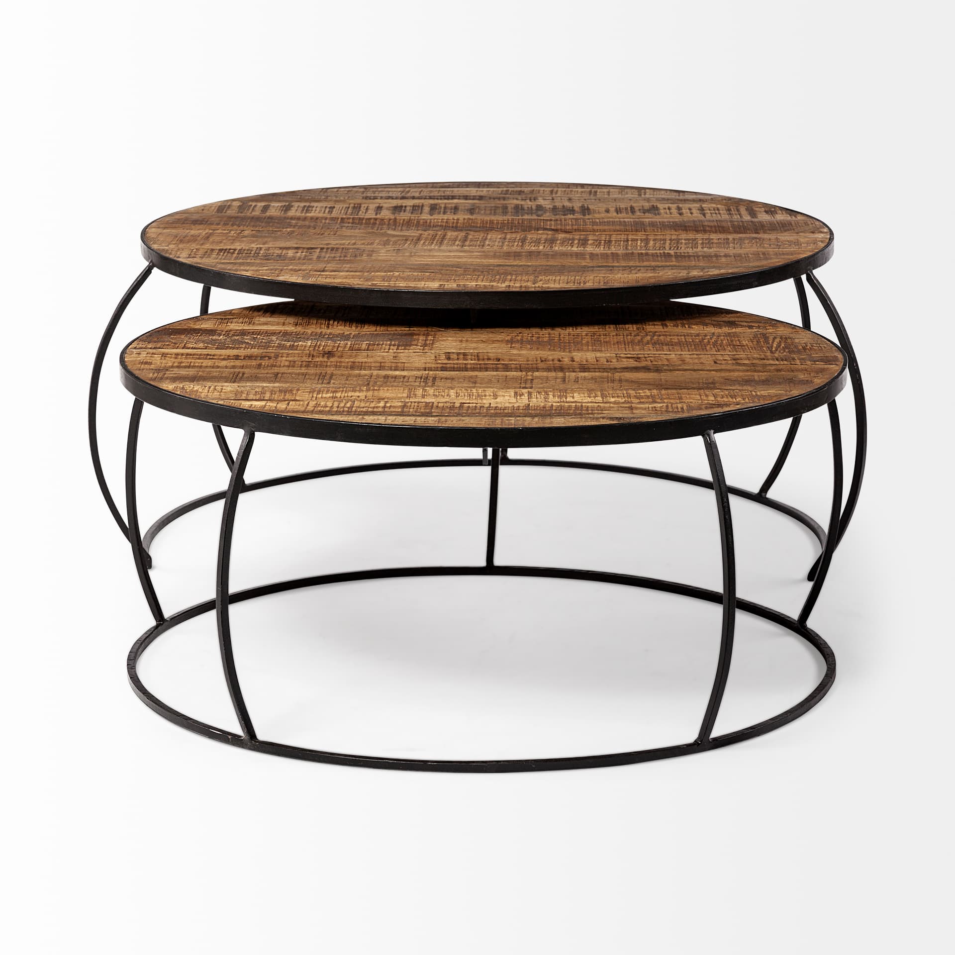 Clapp I Set of 2 (41" & 38") Round Brown Wood Top Black Iron Base Nesting Coffee Tables — product photograph