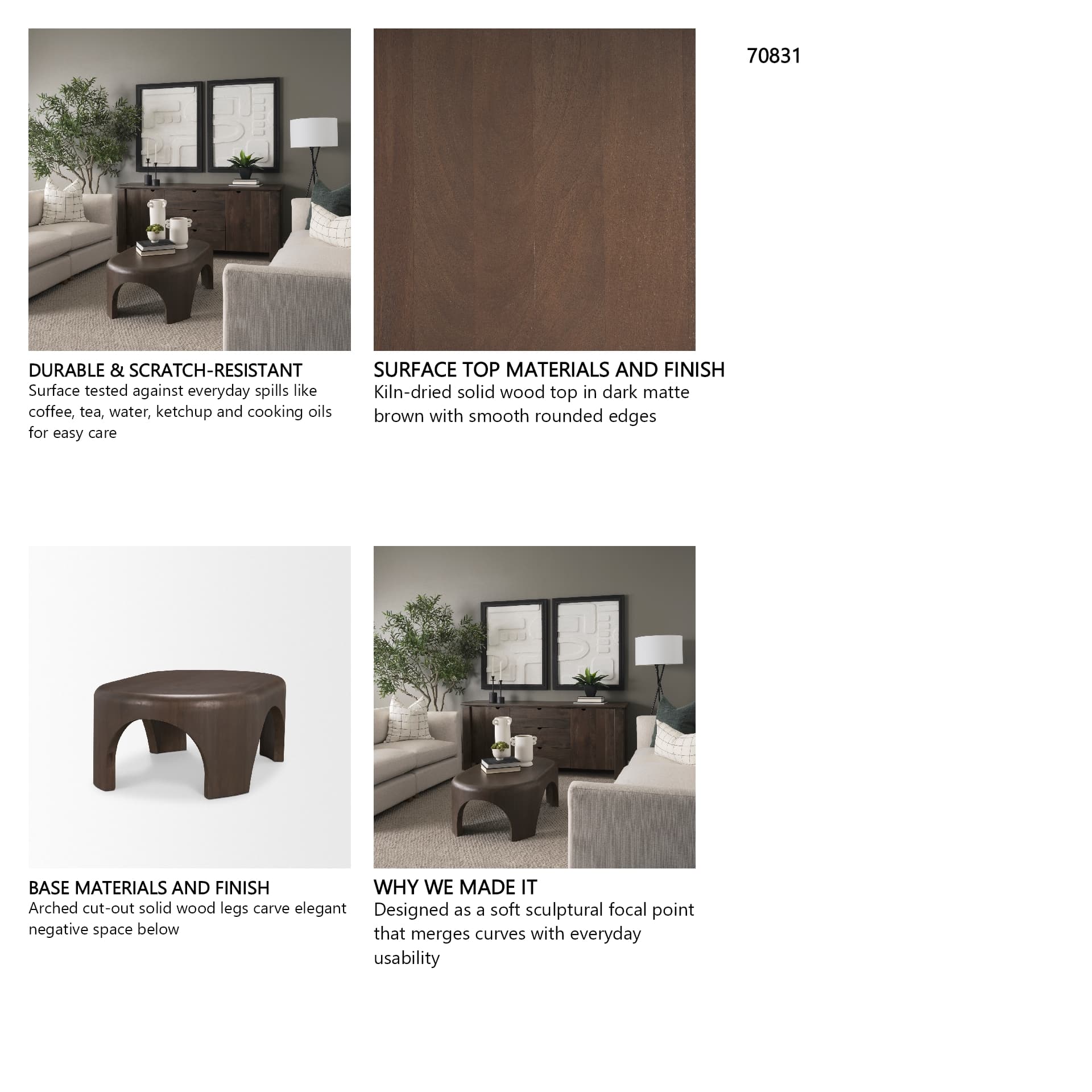 Shima Oval Dark Brown Wood w/ Arched Legs Coffee Table — in a styled room