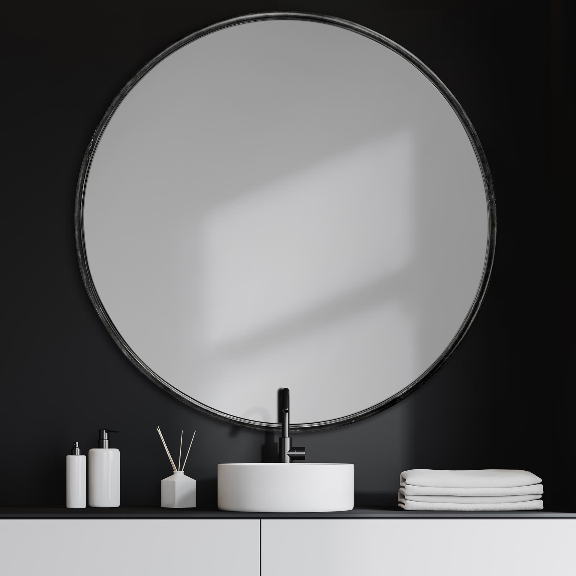 Piper 47.2L x 1.0W x 47.2H Large Black Metal Round Wall Mirror — product photograph