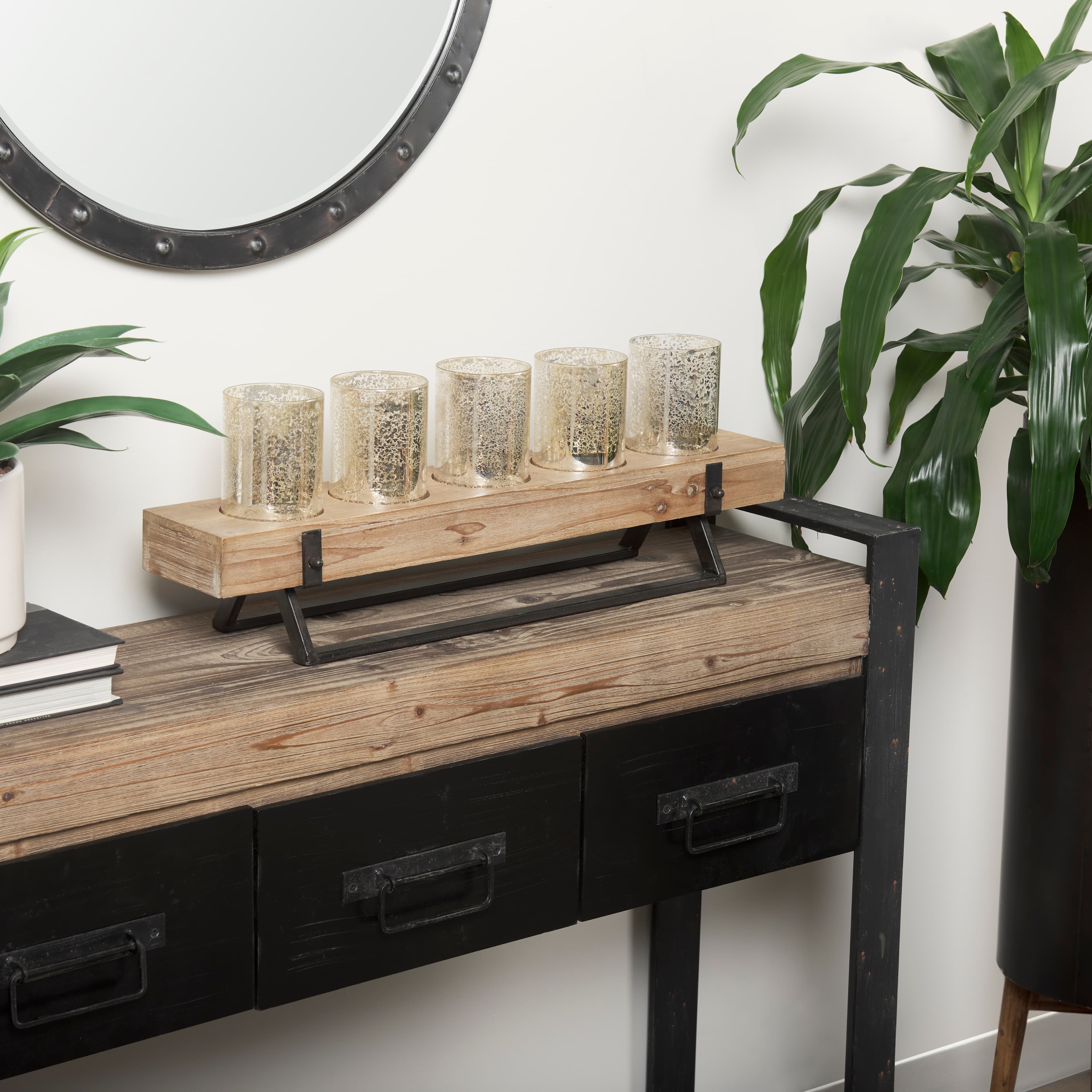 Benk Wood and Black Metal Five Cup Candle Holder — product photograph