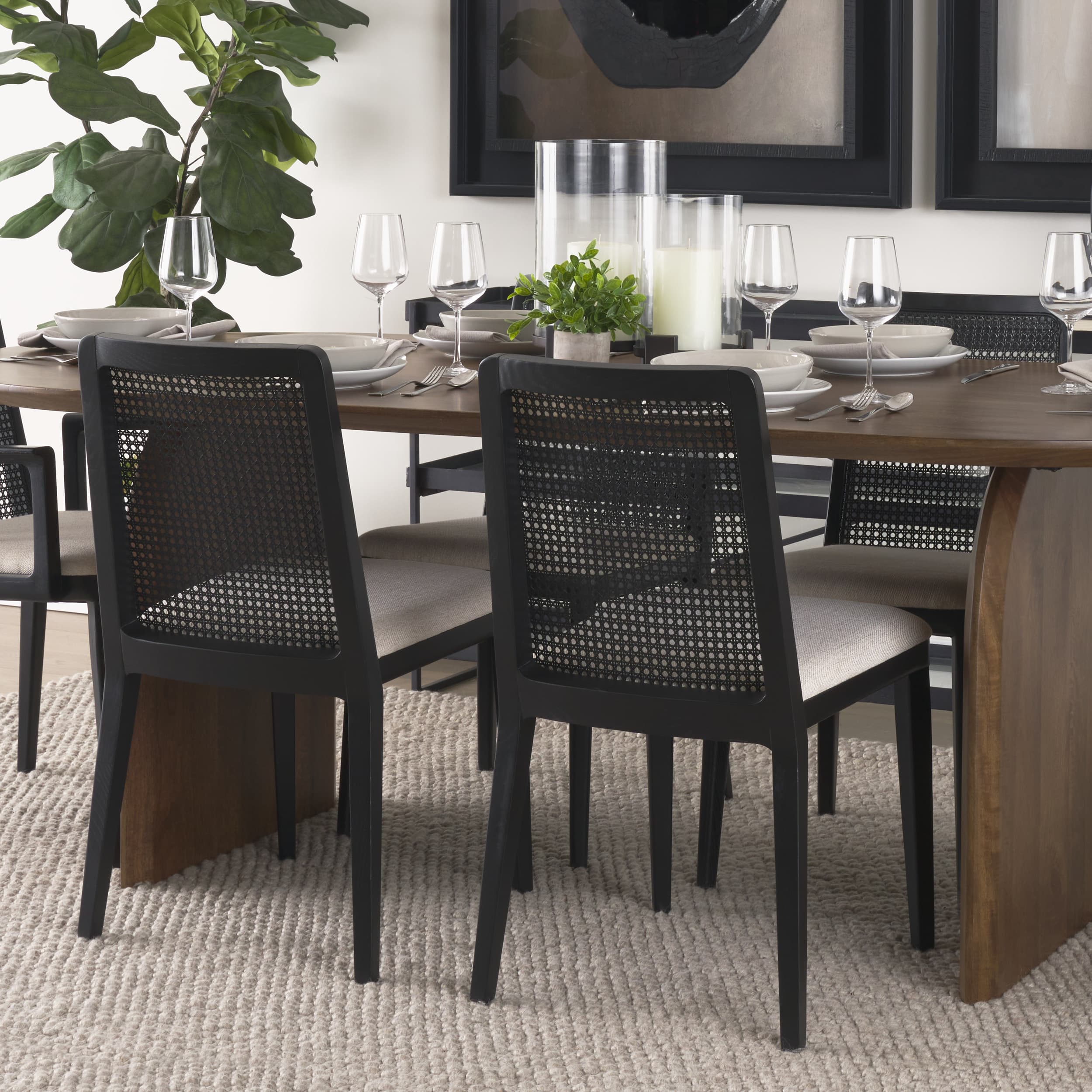 Clara Cane Back Dining Side Chair | Cream Fabric w/ Black Wood — product photograph